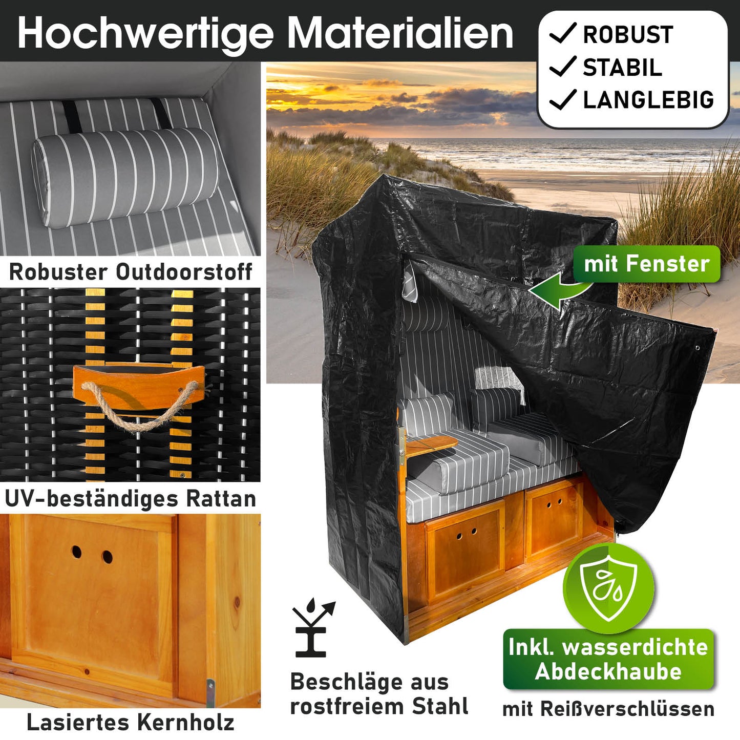 Anthrazit-grauer Strandkorb RÜGEN DELUXE mit gestreiftem Polster, wetterfest, UV-beständig, robust, ideal als Strandkorb.