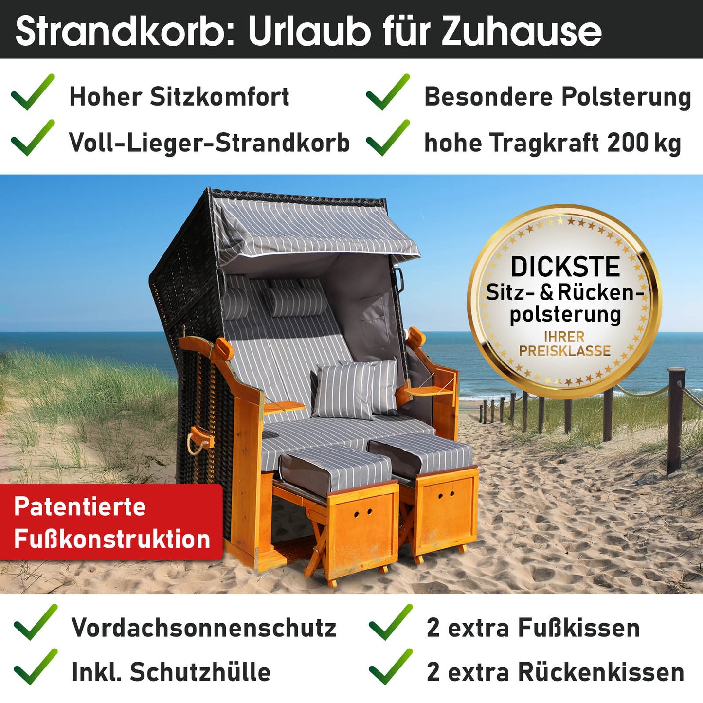 Anthrazit-grau gestreifter wetterfester 2-Sitzer Strandkorb Rügen Deluxe mit hoher Polsterung, ideal für Ostsee und Nordsee.