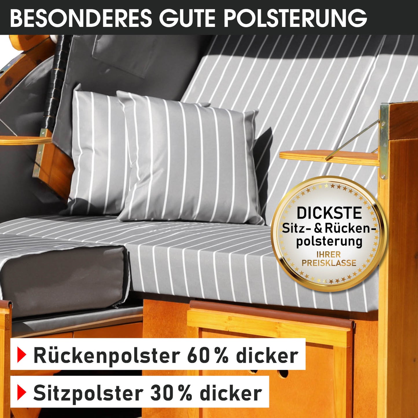 Anthrazit-grauer gestreifter wetterfester Strandkorb Rügen Deluxe mit dicker Polsterung für Balkon und Nordsee-Strand.