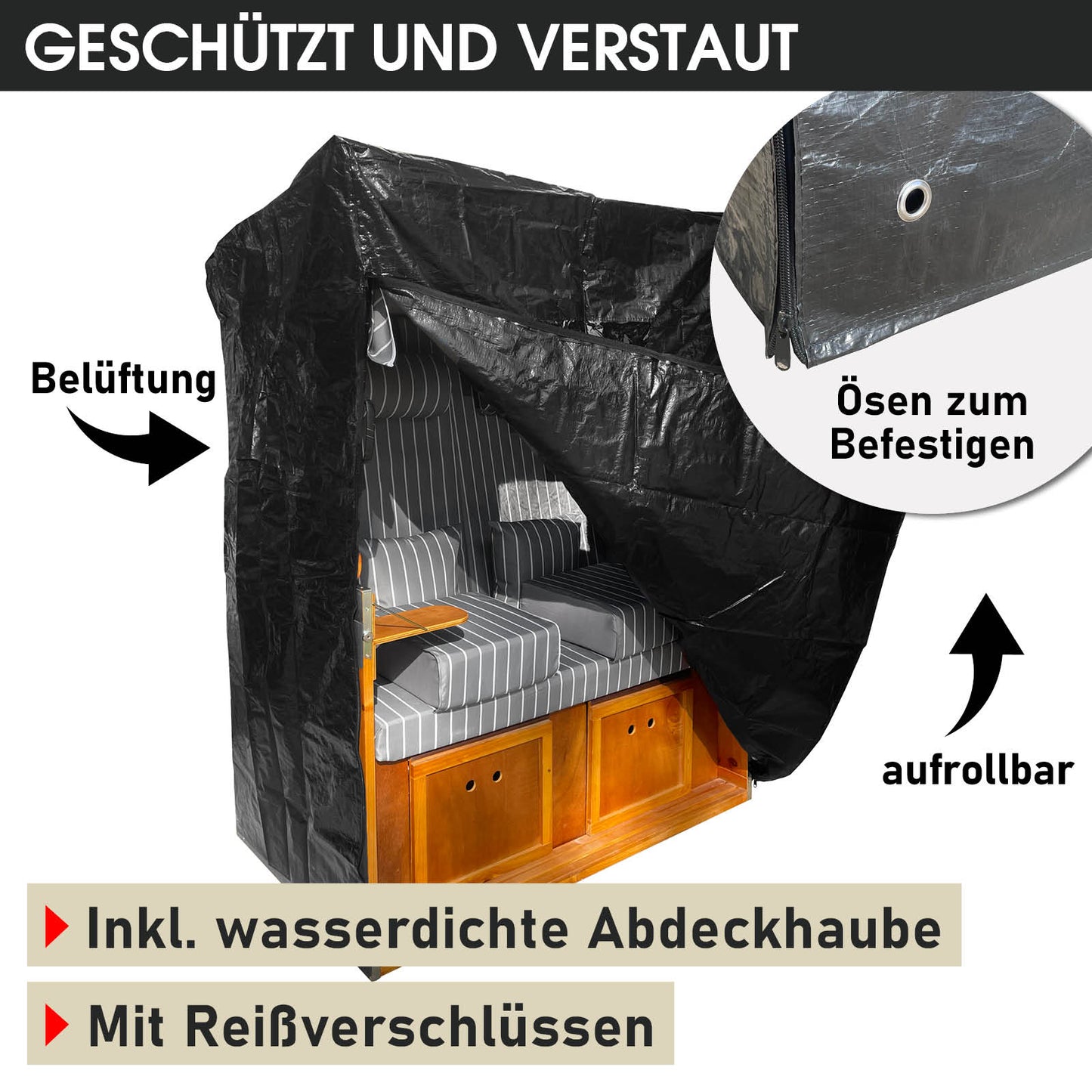 Schwarze wasserdichte Abdeckhülle mit Reißverschluss für Strandkorb, wetterfest, mit Belüftung und Ösen zum Befestigen,.