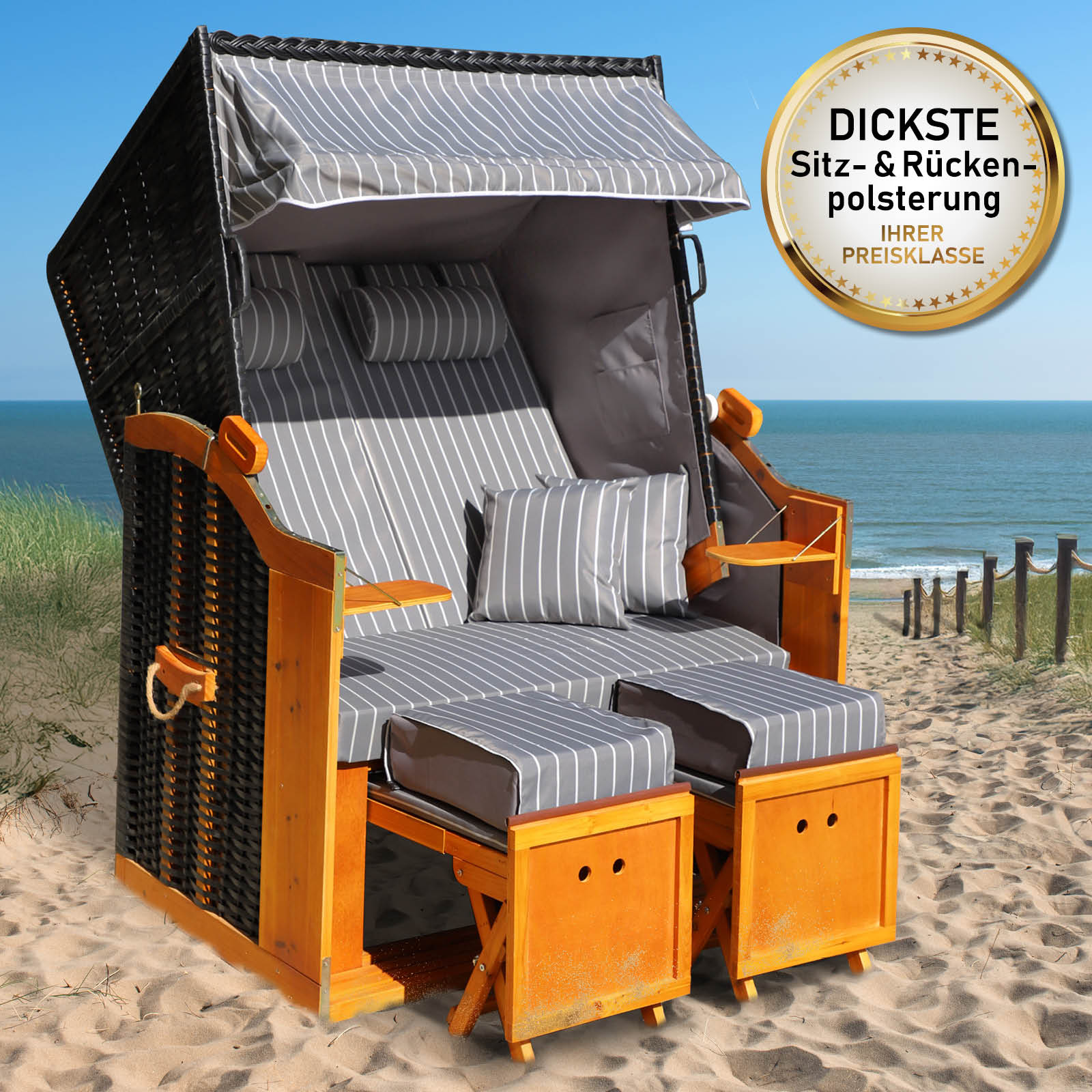 Wetterfester Strandkorb Rügen Deluxe anthrazit/grau gestreift mit dicker Polsterung, Fußstützen, ideal für Balkon und.
