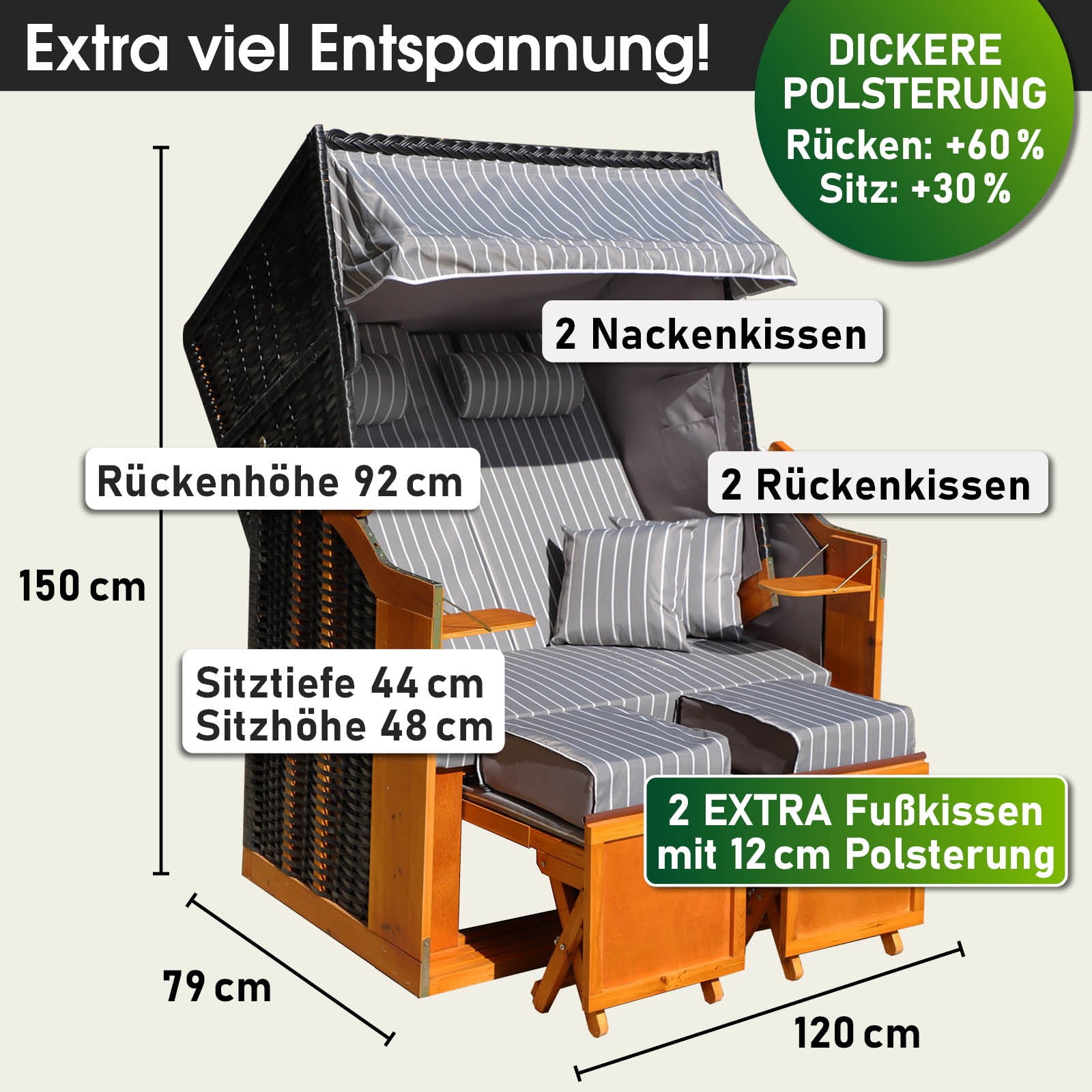 Strandkorb Rügen Deluxe 2-Sitzer anthrazit/grau gestreift, wetterfest, mit extra Polsterung für Balkon und Nordsee-Einsatz.