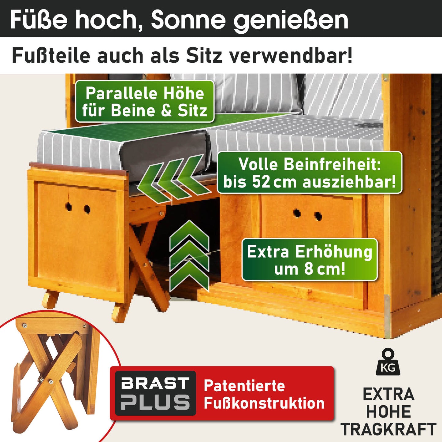 Strandkorb Rügen Deluxe anthrazit/grau gestreift mit wetterfester Polsterung und ausziehbaren Fußteilen, ideal als.