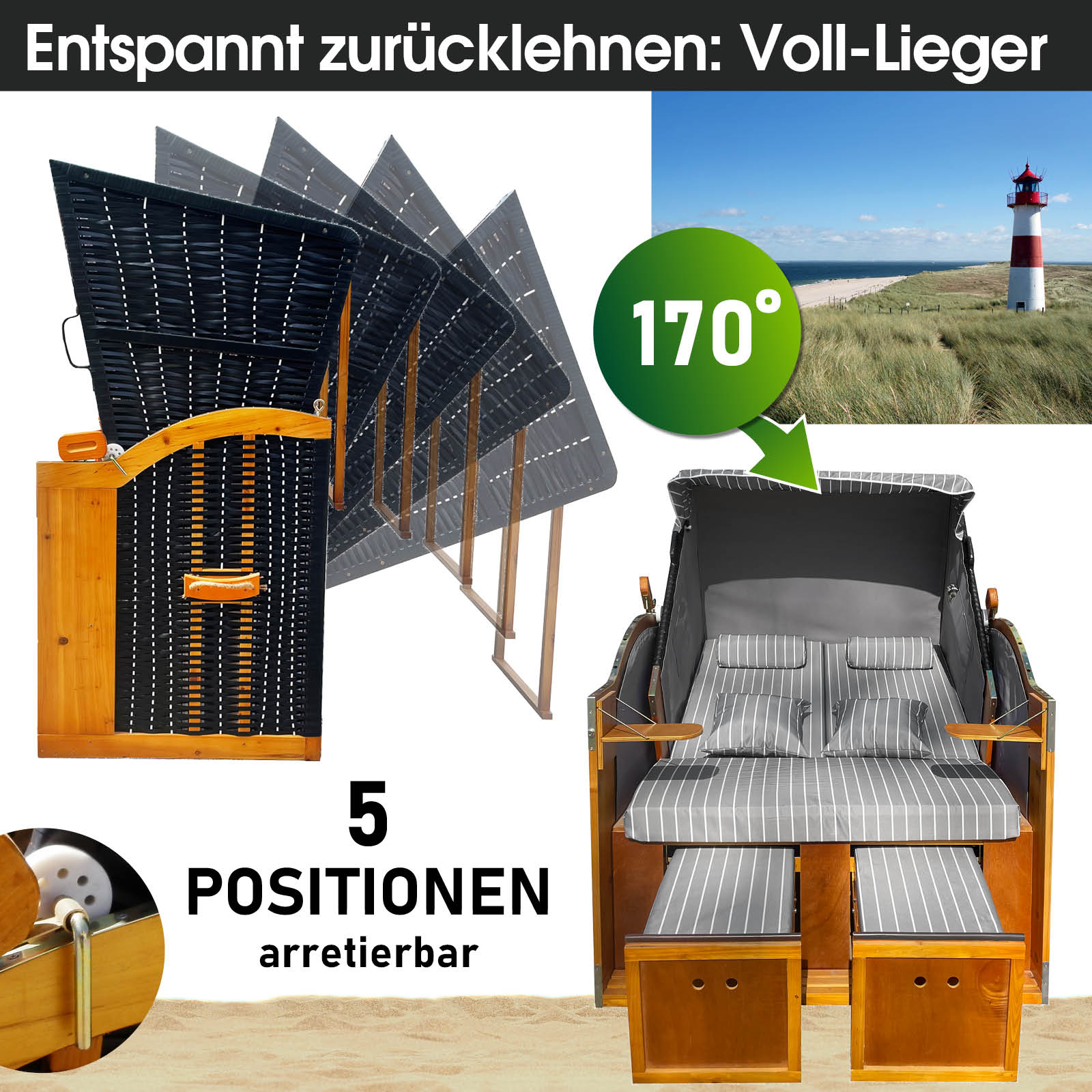 Anthrazit-grauer Strandkorb RÜGEN DELUXE mit 5-fach verstellbarer Rückenlehne, wetterfest für Balkon und Nordsee-Strandkorb.