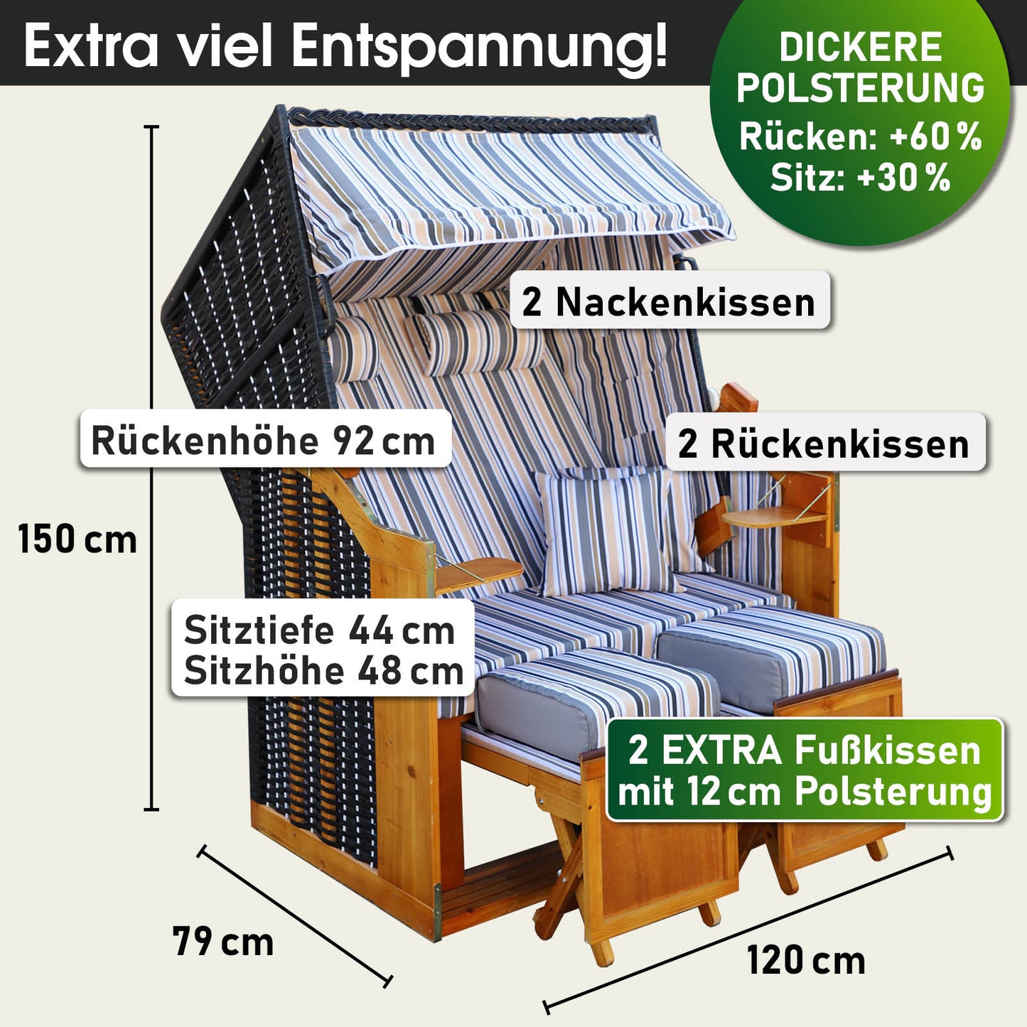 Strandkorb Rügen Deluxe mit grau-blau-oliv gestreiftem wetterfestem Bezug, zwei Sitzkissen, Rücken- und Nackenkissen, extra.