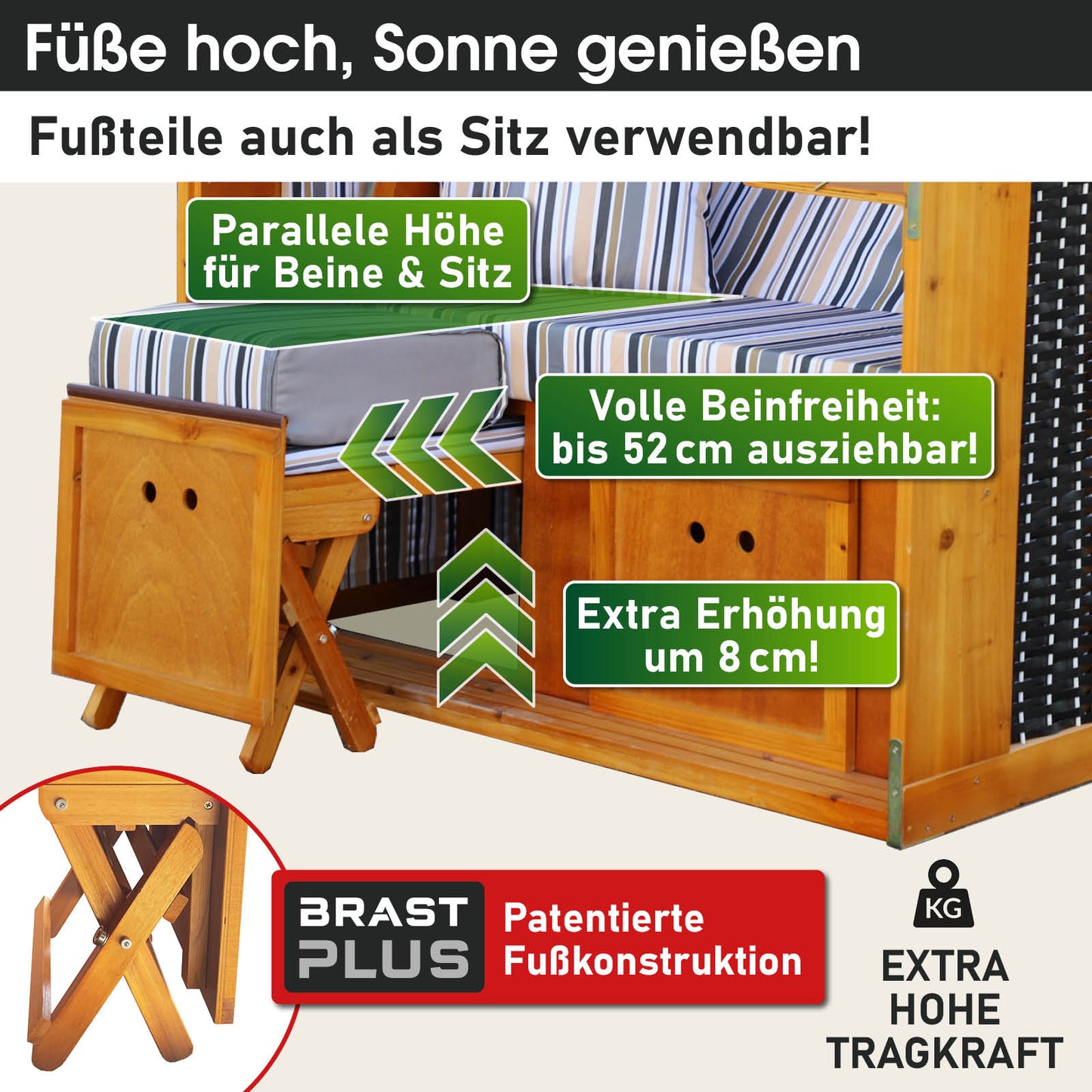 Strandkorb Rügen Deluxe grau-blau-olive gestreift mit wetterfestem Fußteil, extra Beinfreiheit und Erhöhung, ideal für.
