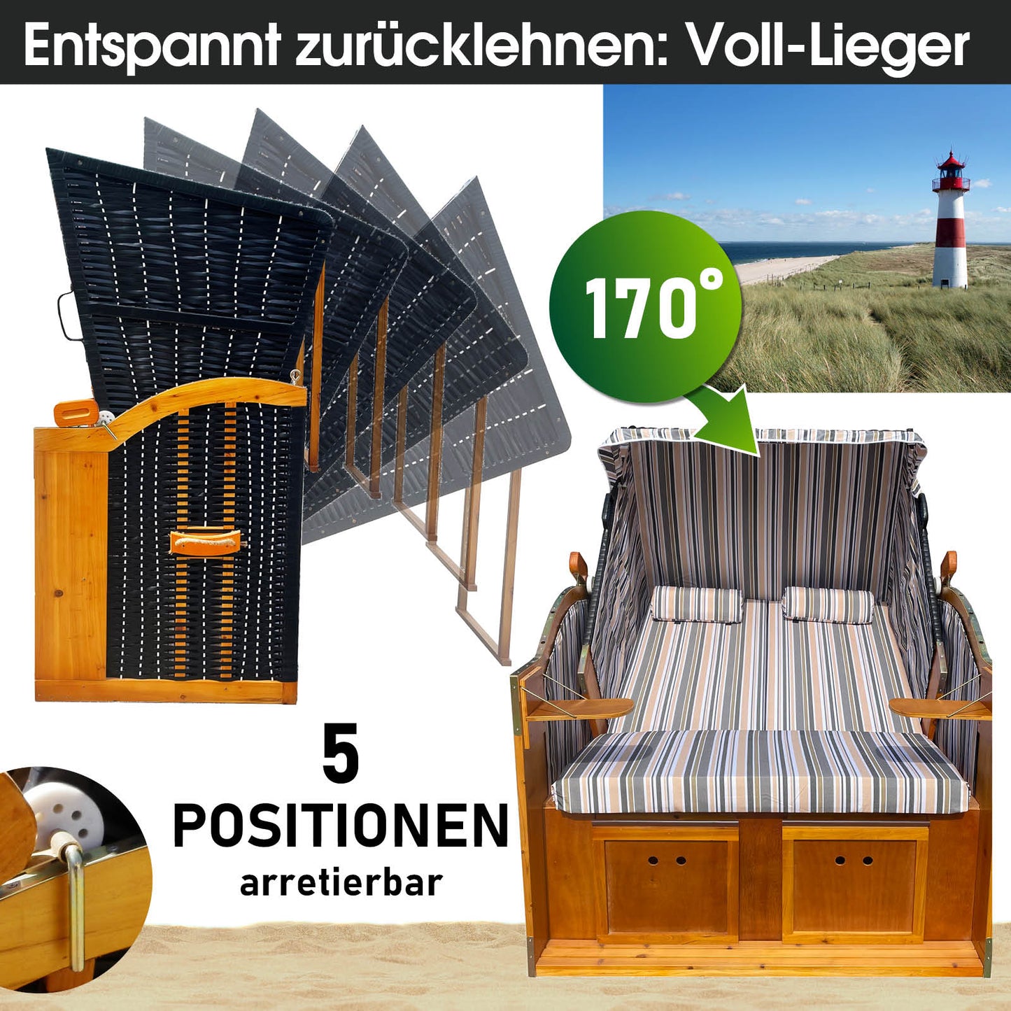 Strandkorb Rügen Deluxe zweisitzig mit verstellbarer Rückenlehne bis 170° grau-blau-oliv gestreift, wetterfest, perfekt für.