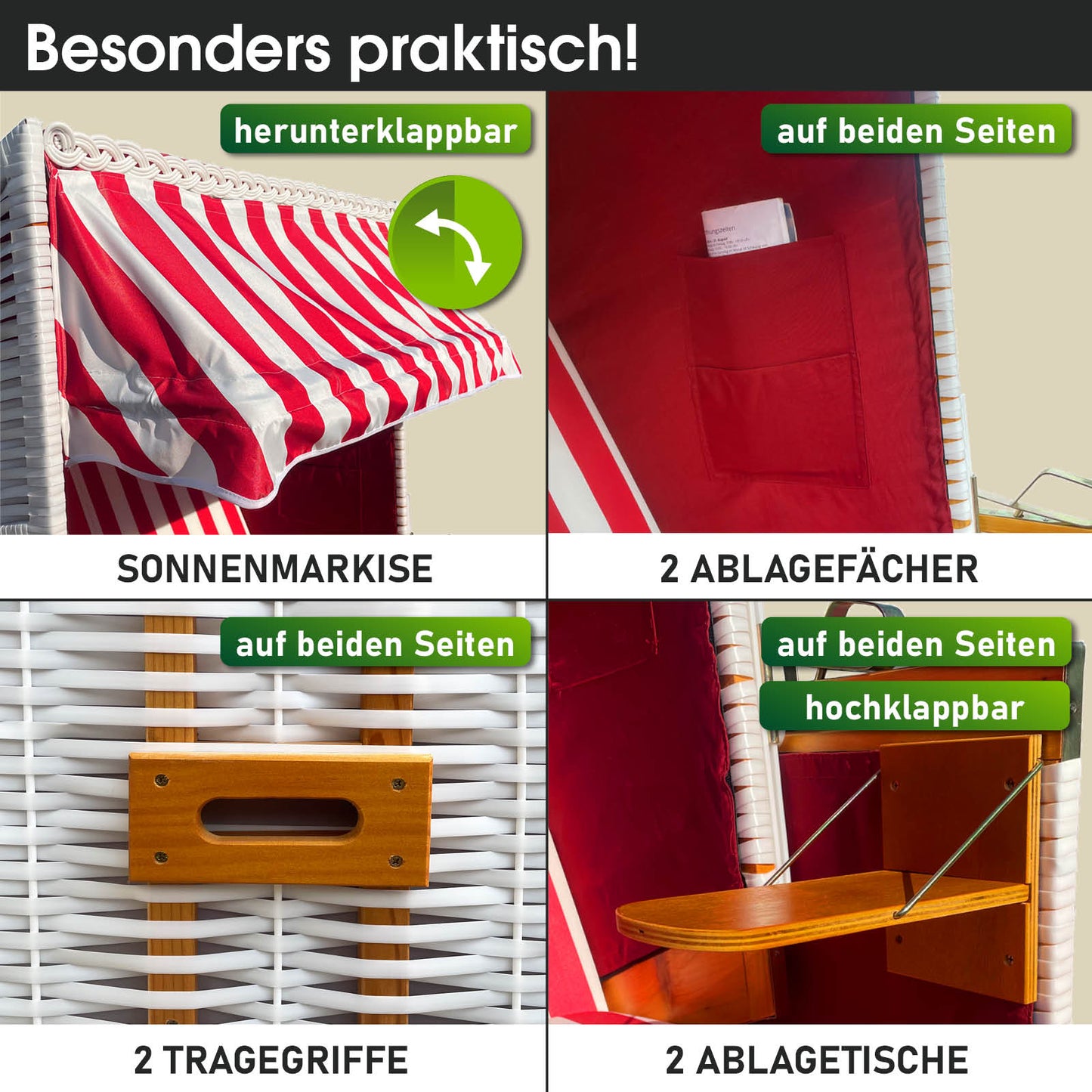 Weiß-rot gestreifter Strandkorb mit wetterfester Sonnenmarkise, 2 Ablagefächern und Tragegriffen, ideal für Balkon und.