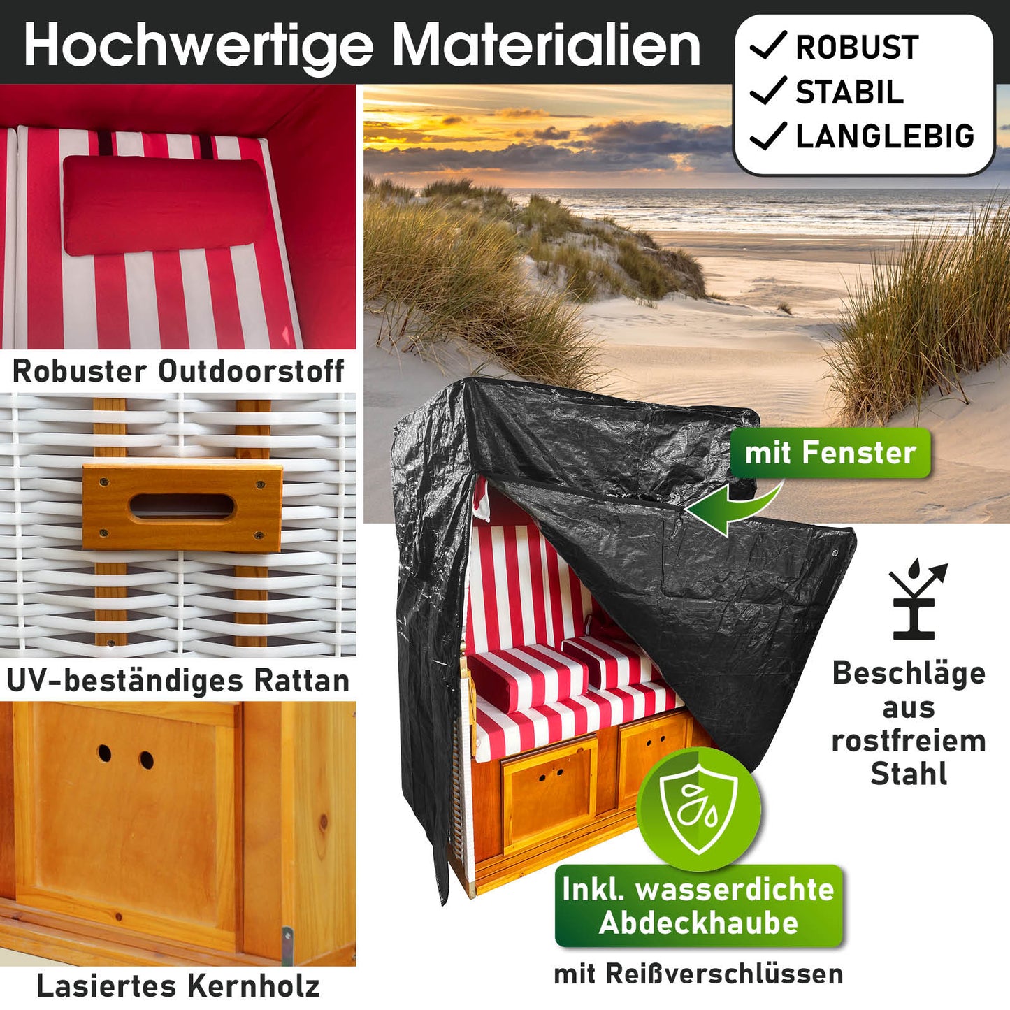 Weiß-roter strandkorb mit wetterfester Abdeckhaube, UV-beständiger Rattan und robustem Outdoorstoff, ideal als strandkorb.
