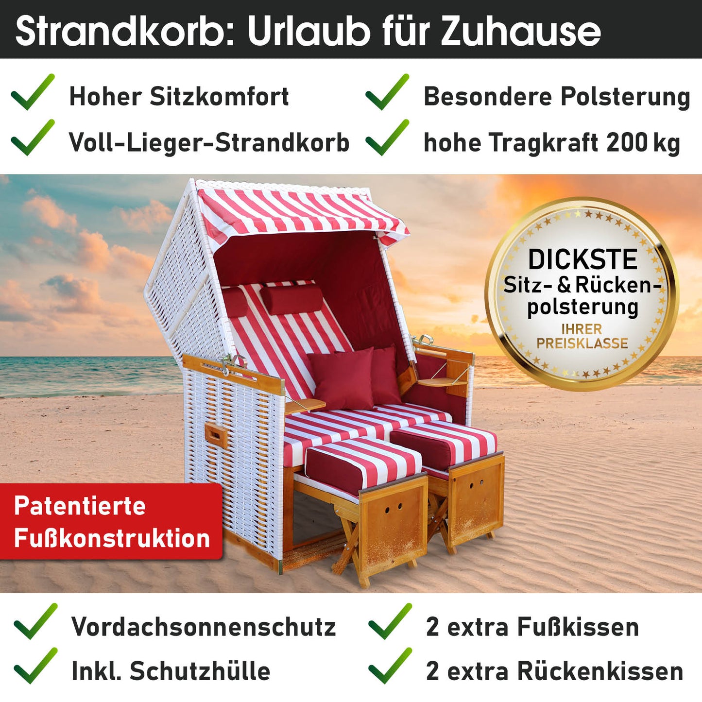 Weiß-roter gestreifter Strandkorb Norderney Deluxe, wetterfest, mit Fußkissen, ideal für Balkon und Nordsee-Strand.