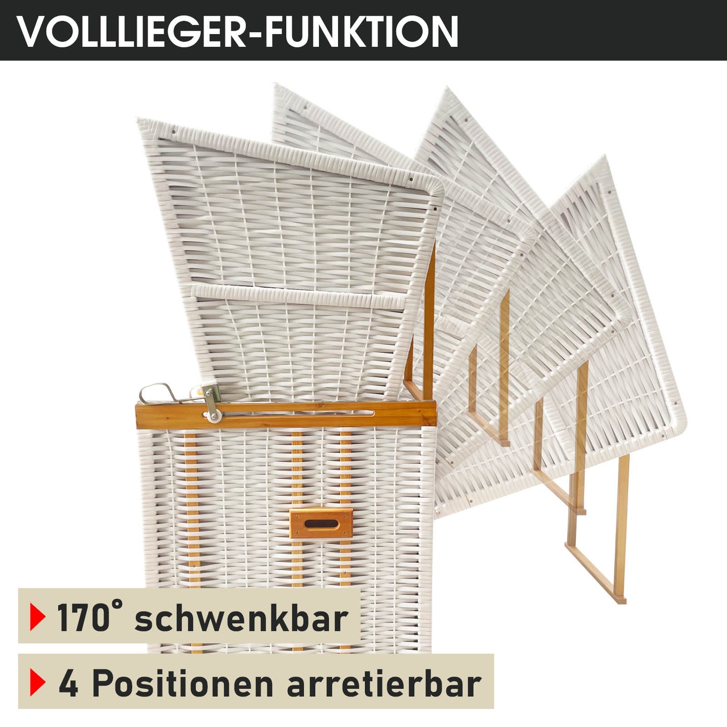 Weißer, wetterfester Strandkorb mit rot gestreiftem Stoffbezug, schwenkbar bis 170° mit vier festen Positionen, ideal als.
