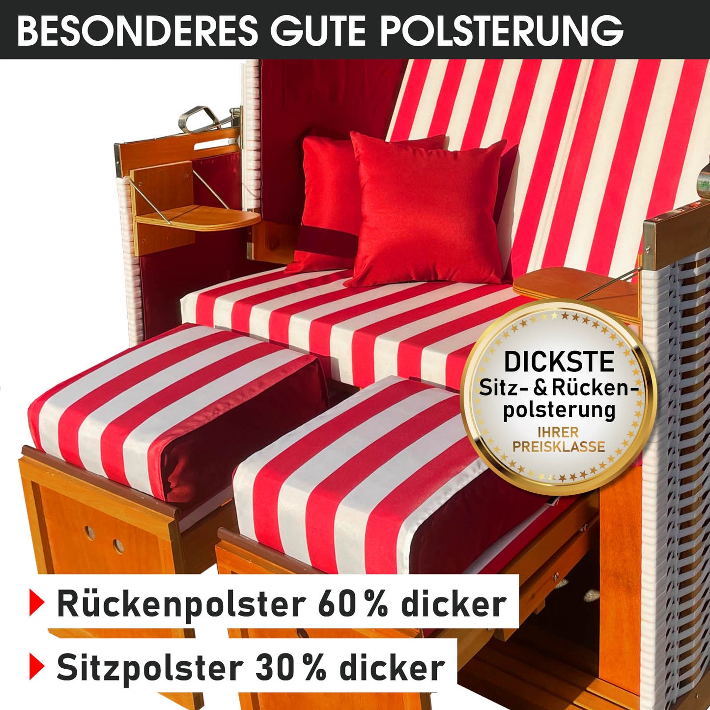 Weiß-rot gestreifter Strandkorb mit dicker Polsterung, wetterfest, ideal für Balkon und Nordsee-Strand.