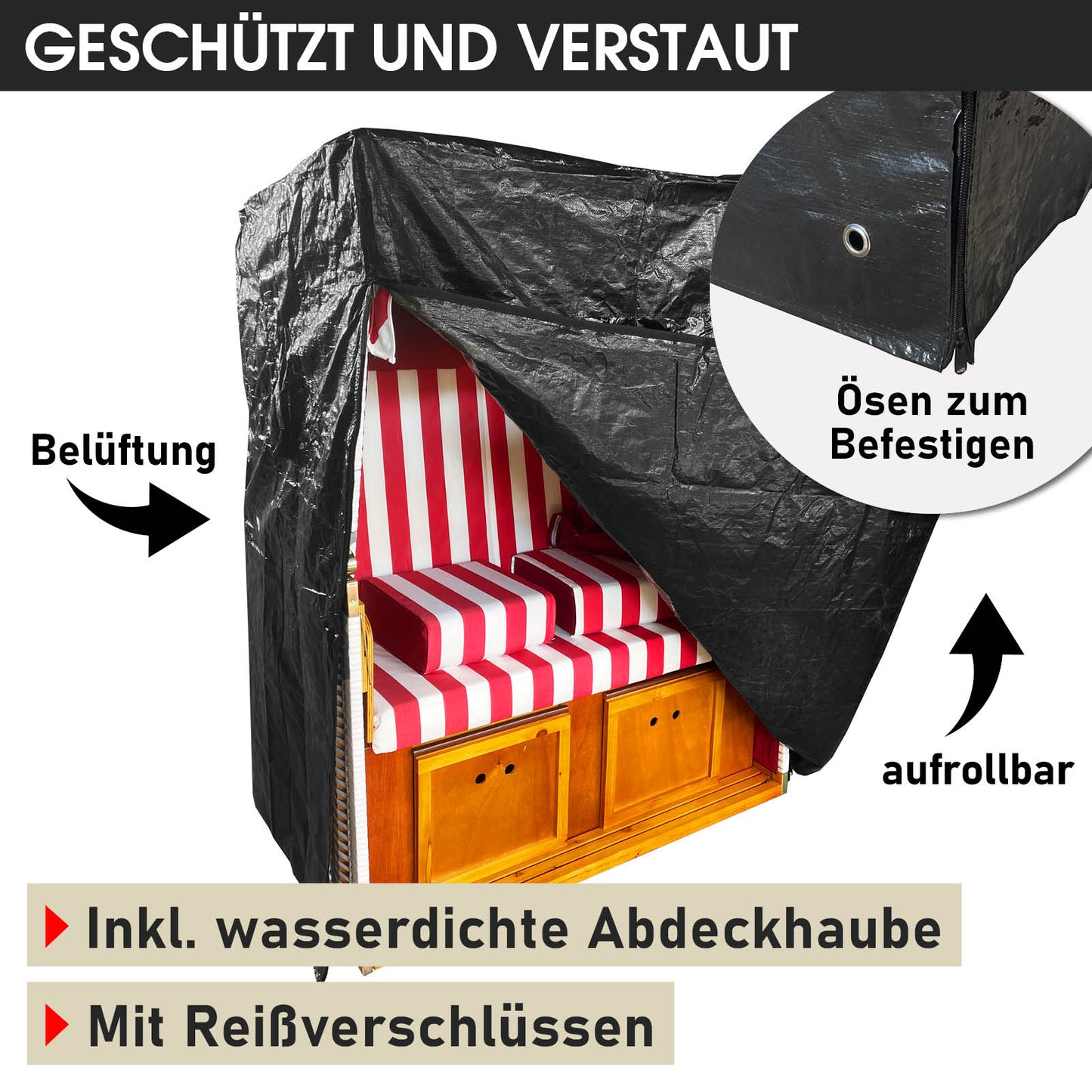 Weiß-roter Strandkorb Norderney Deluxe mit wetterfester Abdeckhaube, Balkon- und Nordsee-geeignet, aufrollbar mit Ösen zum.