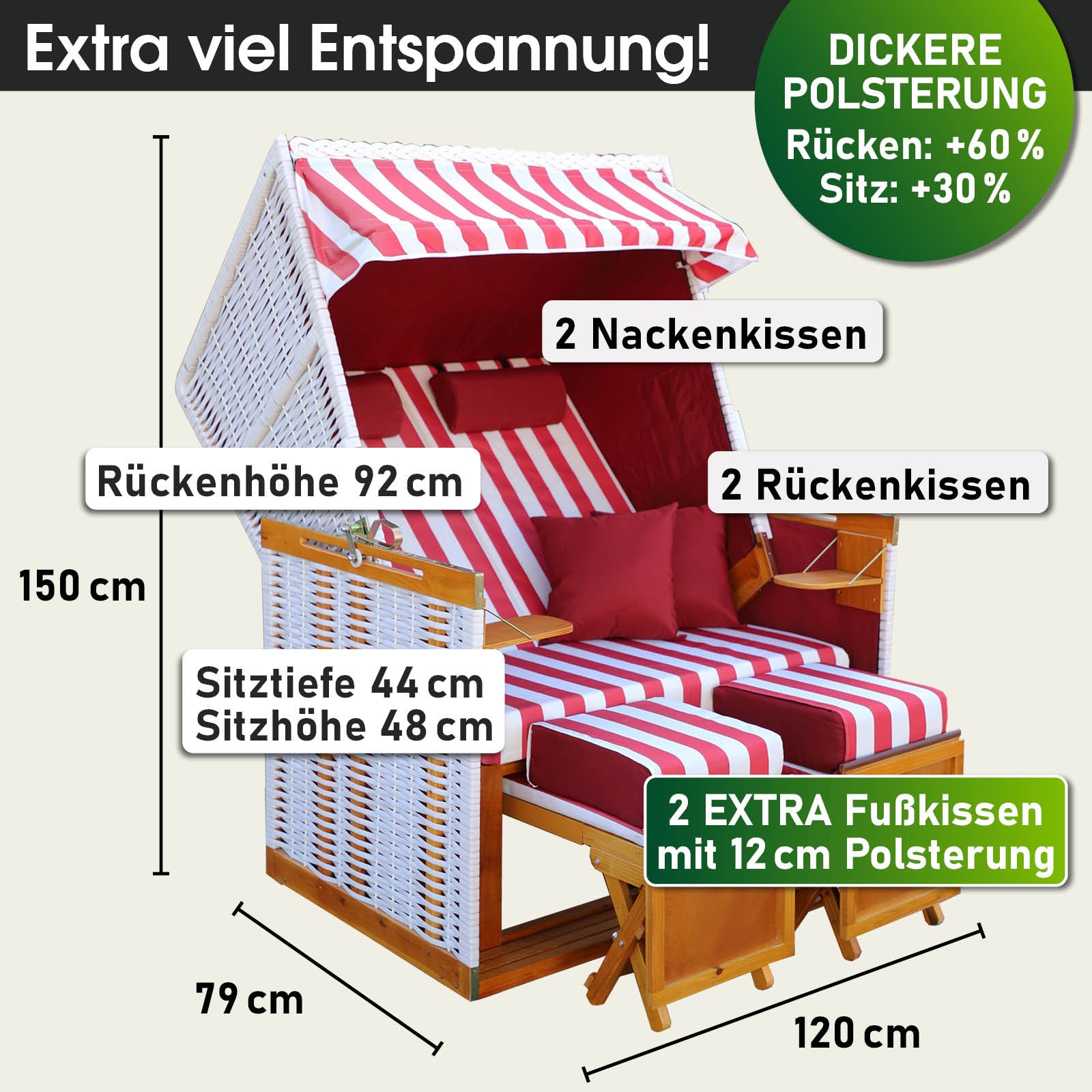 Weiß-rot gestreifter Strandkorb Norderney Deluxe mit dicker Polsterung, wetterfest, ideal für Balkon, Nordsee und Ostsee.