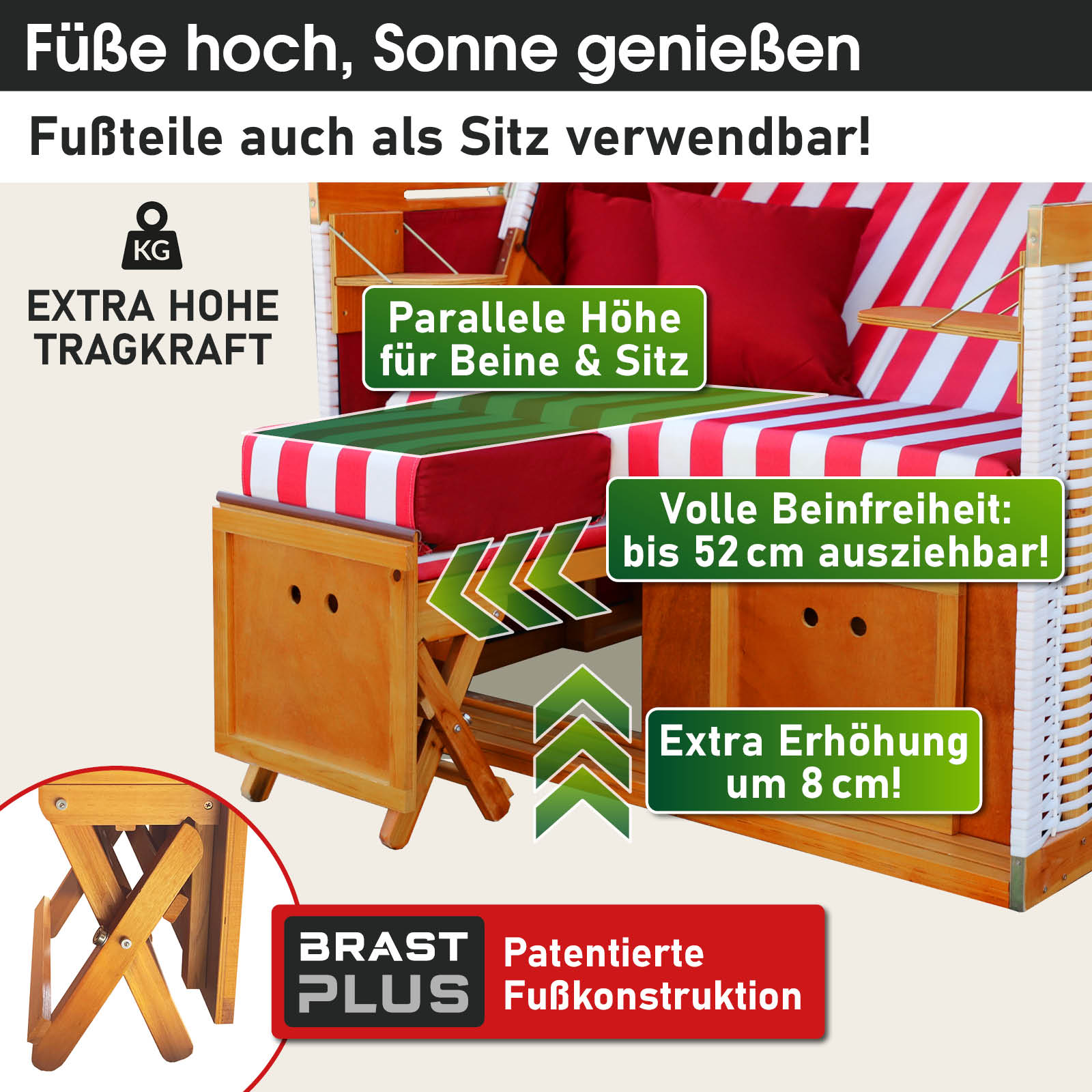 Weiß-rot gestreifter wetterfester Strandkorb Norderney Deluxe mit höhenverstellbarem Fußteil und extra Beinfreiheit, ideal.