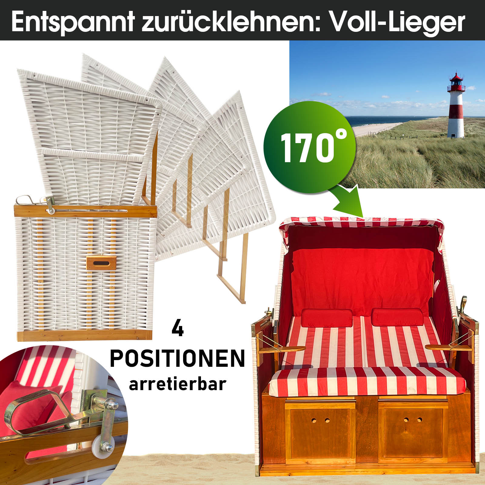 Strandkorb Norderney Deluxe weiß mit rot gestreiftem Polster, wetterfest, klappbar bis 170 Grad, ideal für Balkon und.