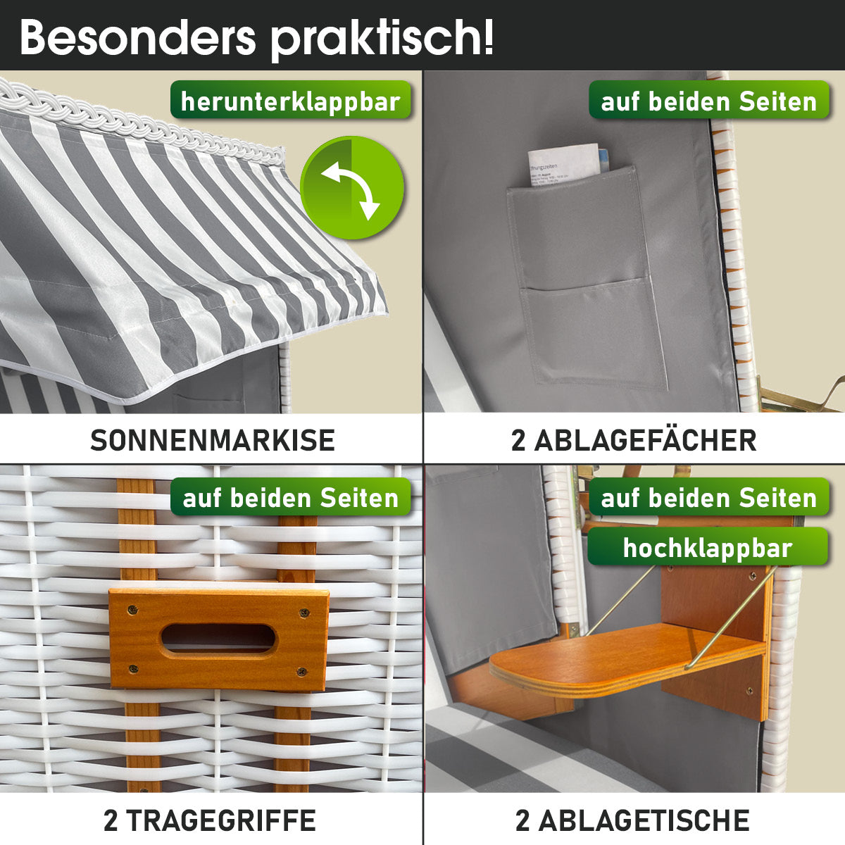 Grau-weiß gestreifter Strandkorb NORDERNEY Deluxe mit Sonnenmarkise, Wetterfest, Ablagefächern und klappbaren Ablagetischen, .