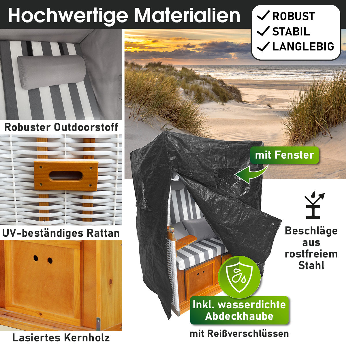 Wetterfeste Abdeckhaube für Strandkorb Nordsee, robustes Material mit Fenster, Schutz für Strandkorb Ostsee und Balkon.