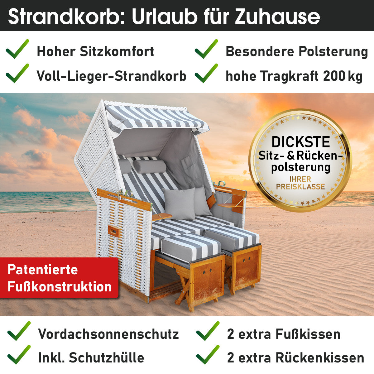 Grauer weiß gestreifter Strandkorb Norderney Deluxe mit Polster, wetterfest für Balkon und Nordsee Strandkorb Ostsee.