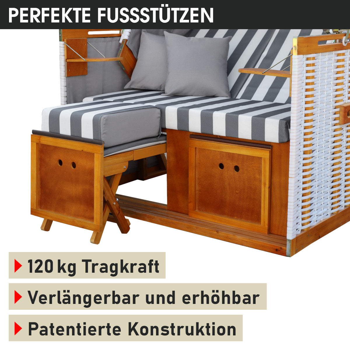 Grauer und weiß gestreifter Strandkorb mit wetterfestem Holzgestell und verstellbaren Fußstützen, ideal für Balkon und.