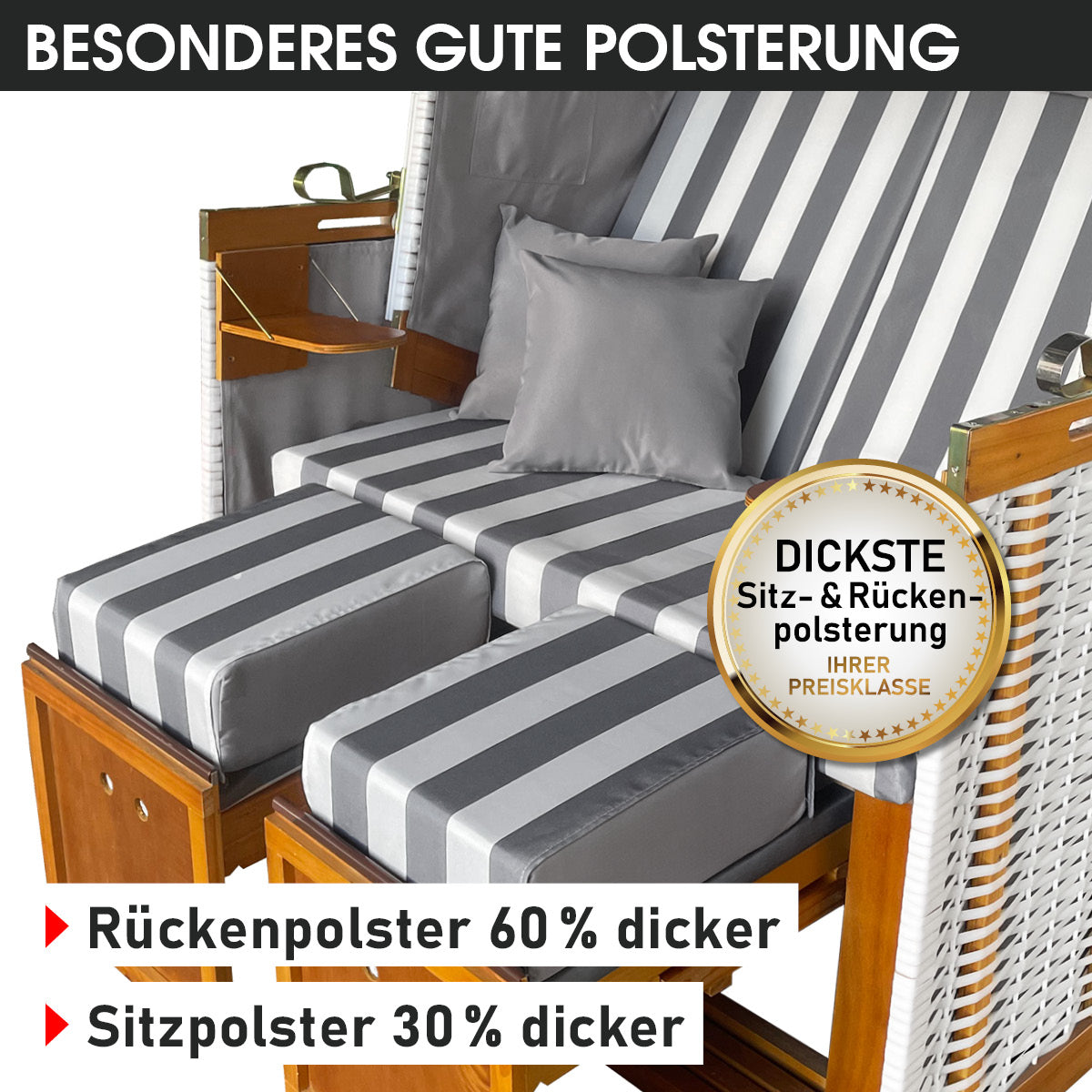 Grau-weiß gestreifter Strandkorb Norderney Deluxe mit dicker Polsterung für Sitz und Rücken, wetterfest für Balkon und.