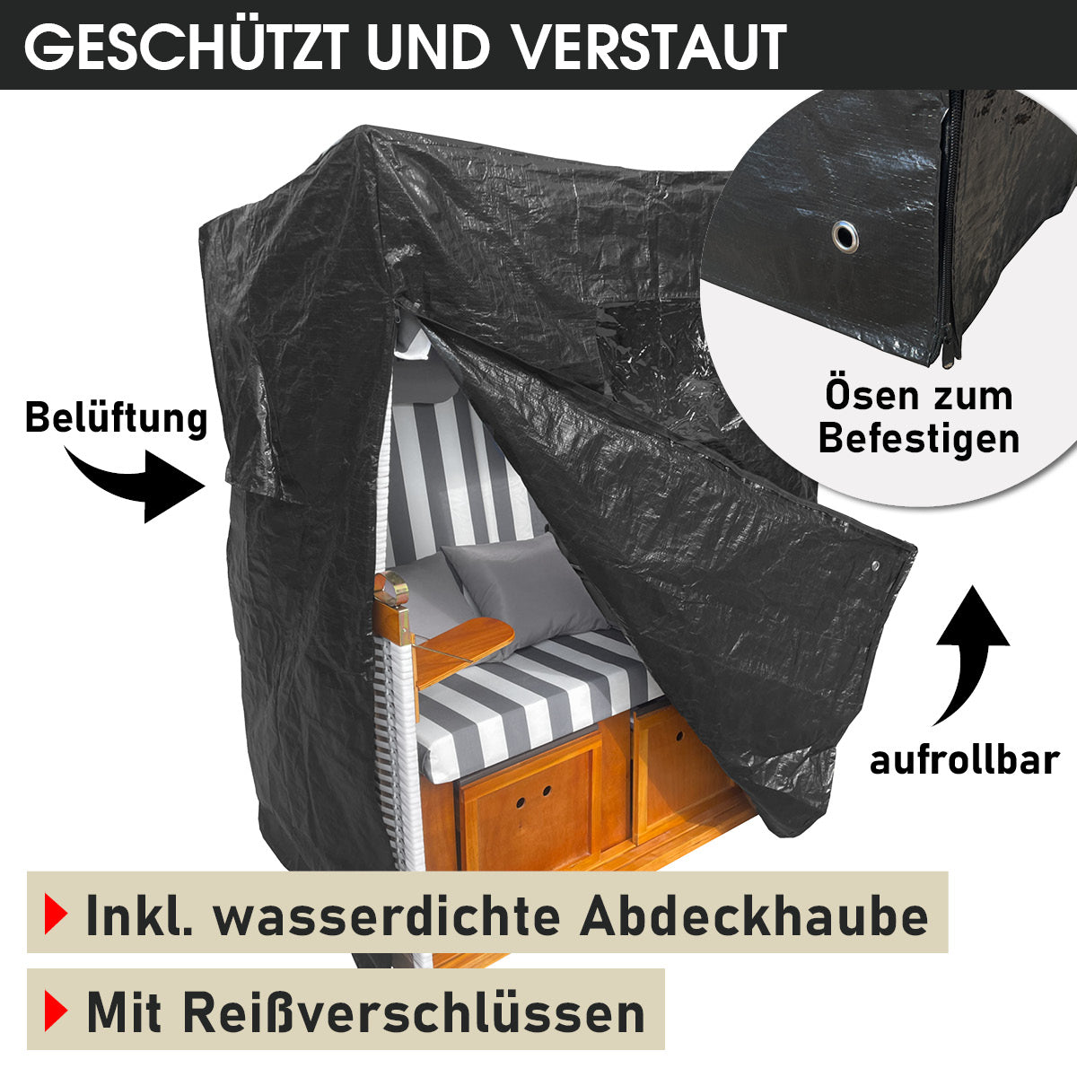 Wetterfeste wasserdichte Abdeckhaube für Strandkorb Norderney Deluxe grau-weiß gestreift mit Belüftung, Aufrollfunktion und.