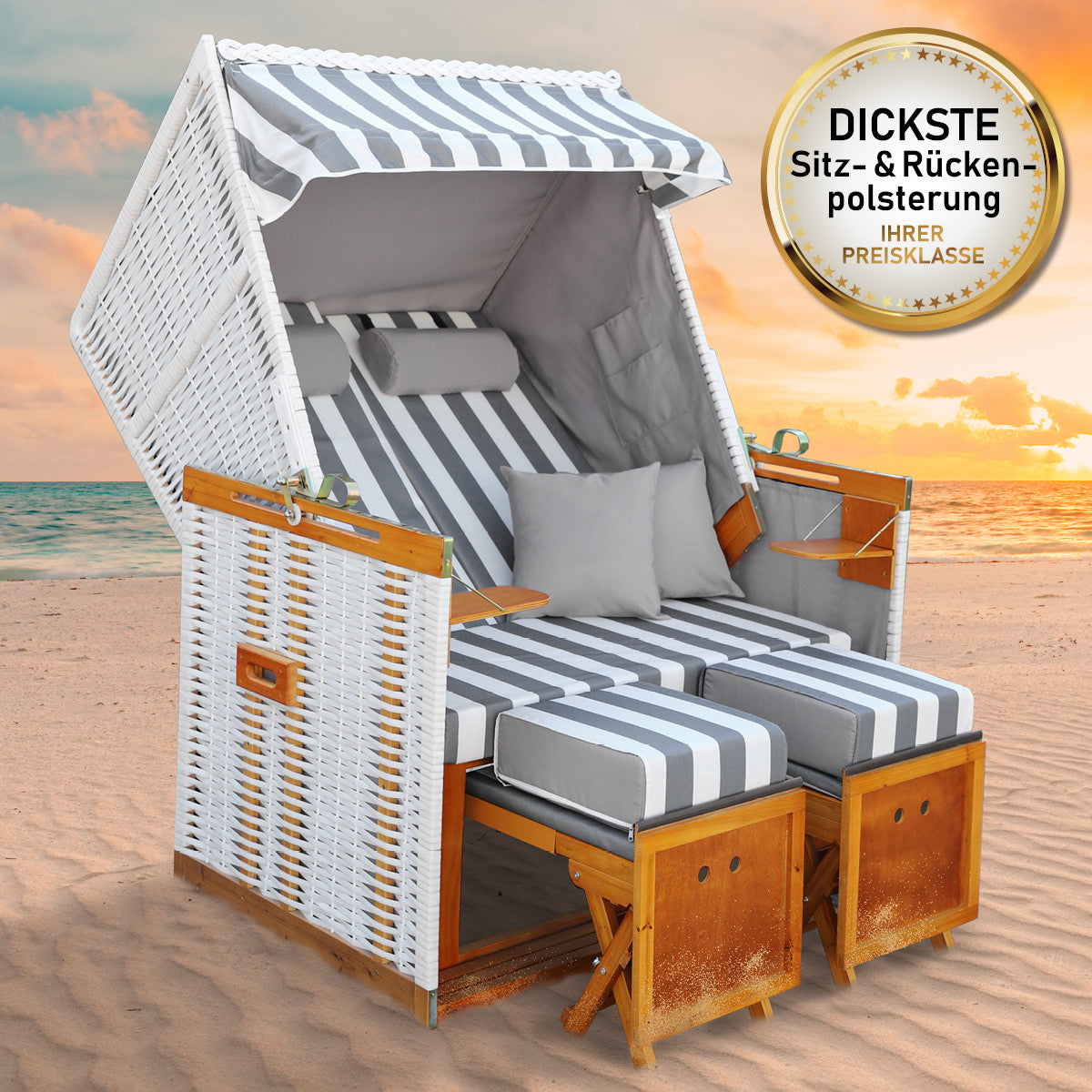 Strandkorb Norderney Deluxe mit grau-weiß gestreiftem Polster, wetterfest, ideal für Balkon, Nordsee und Ostsee.