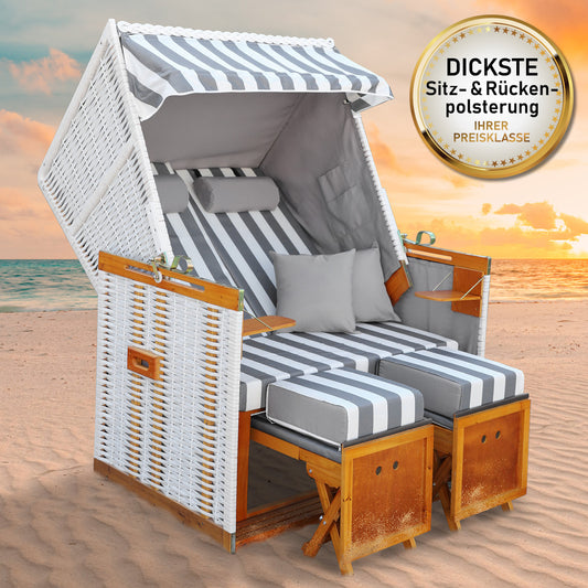 Strandkorb Norderney Deluxe mit grau-weiß gestreiftem Polster, wetterfest, ideal für Balkon, Nordsee und Ostsee.