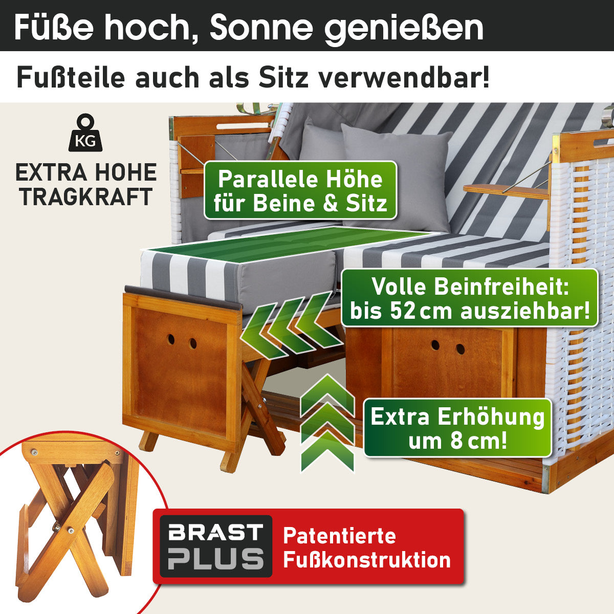 Grauer und weiß gestreifter Strandkorb Norderney Deluxe mit verstellbarem Fußteil, wetterfest und ideal für Balkon und.
