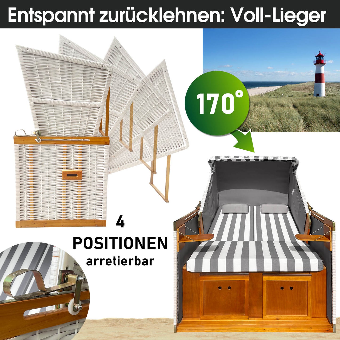 Grau-weiß gestreifter Strandkorb Norderney Deluxe als Strandkorb Ostsee mit 4-fach verstellbarer Rückenlehne, wetterfest für .