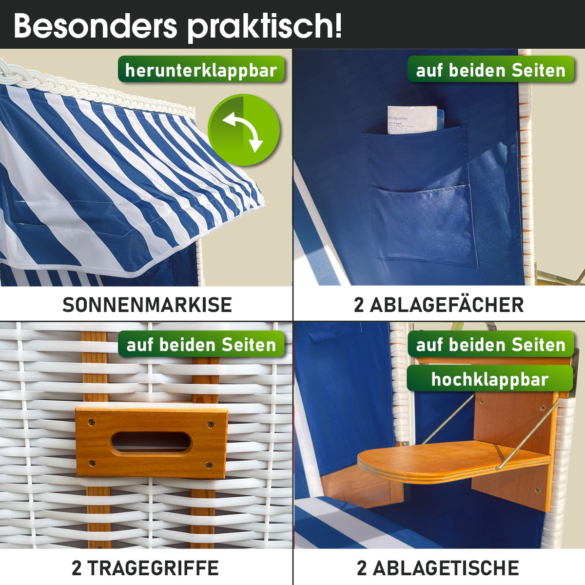 Blau-weiß gestreifter Strandkorb Norderney Deluxe mit wetterfester Sonnenmarkise, zwei Ablagefächern, Tragegriffen und.