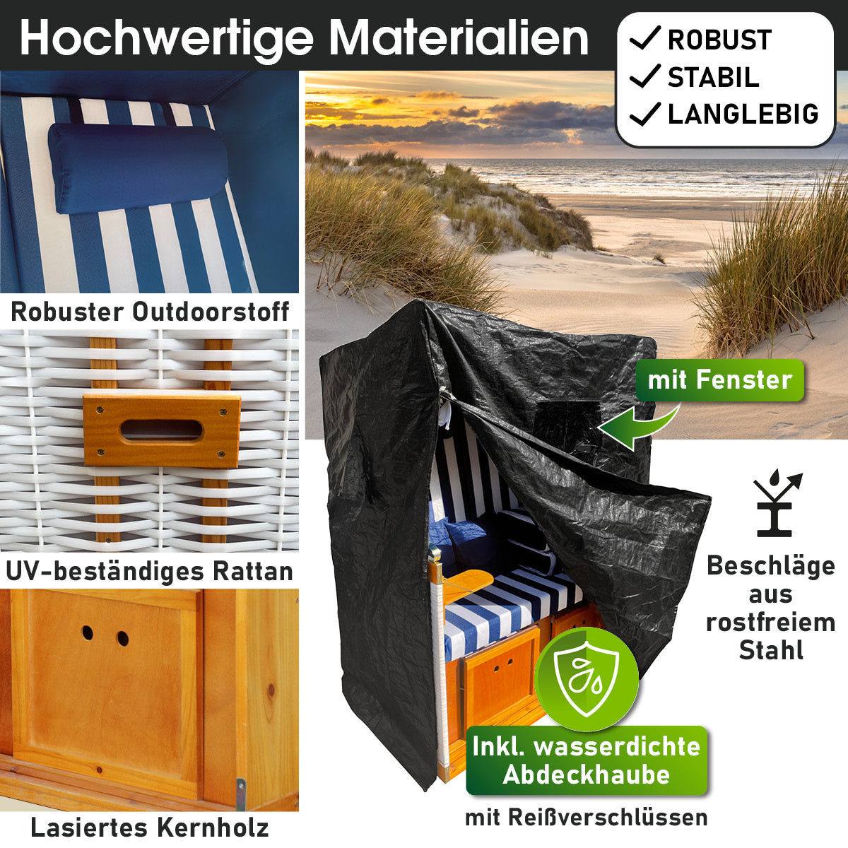 Blau-weiß gestreifter Strandkorb Nordsee mit wetterfester Abdeckhaube und rostfreien Stahlbeschlägen, robustes.