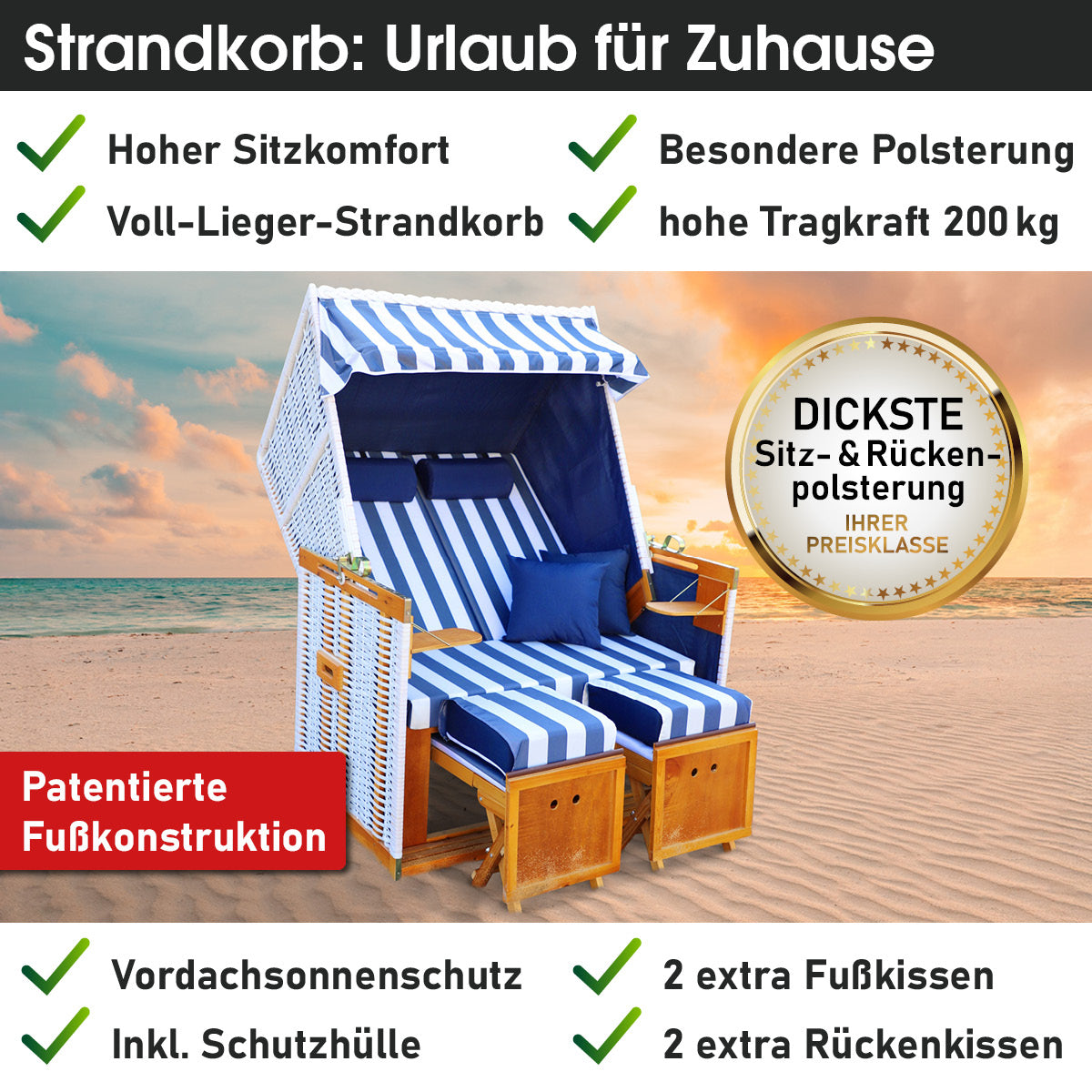 Blau-weiß gestreifter Strandkorb Norderney Deluxe mit dickster Polsterung, wetterfest, 2-Sitzer, ideal für Balkon, Ostsee.
