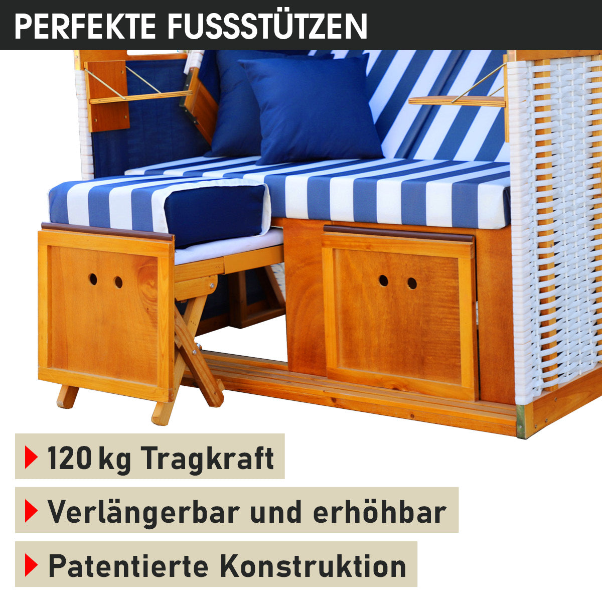 Blau-weiß gestreifter Strandkorb Nordsee mit wetterfestem Holzgestell, perfekter Fußstütze, 2-Sitzer Strandkorb Ostsee.