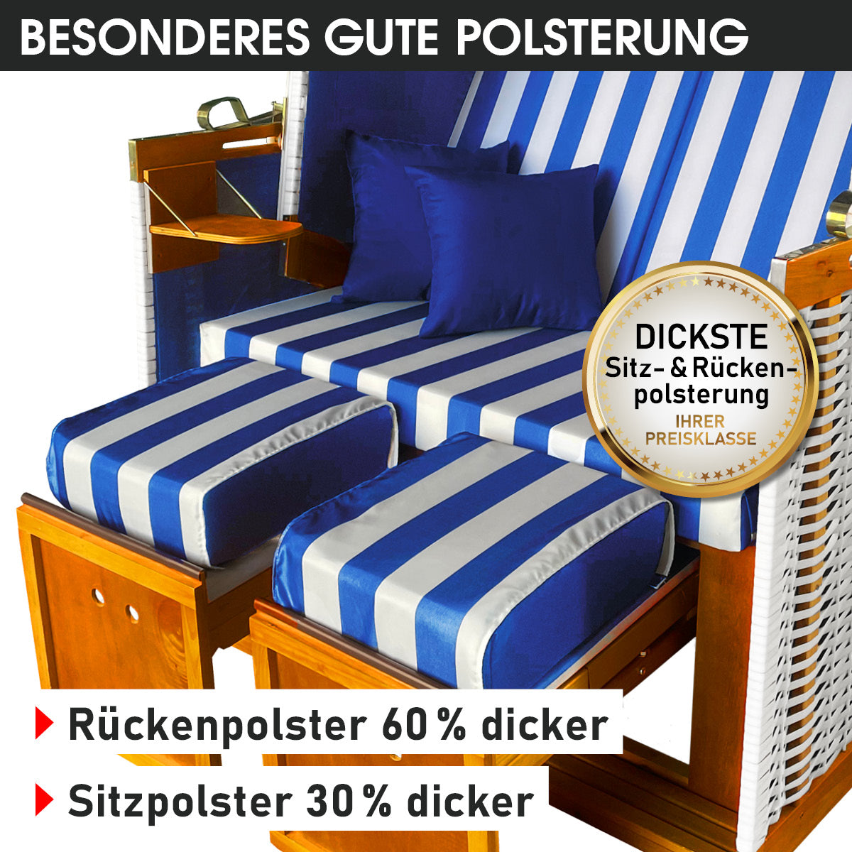 Blau-weiß gestreifter wetterfester Strandkorb Ostsee mit dicker Polsterung, 2-Sitzer Strandkorb Balkon Strandkorb Nordsee.