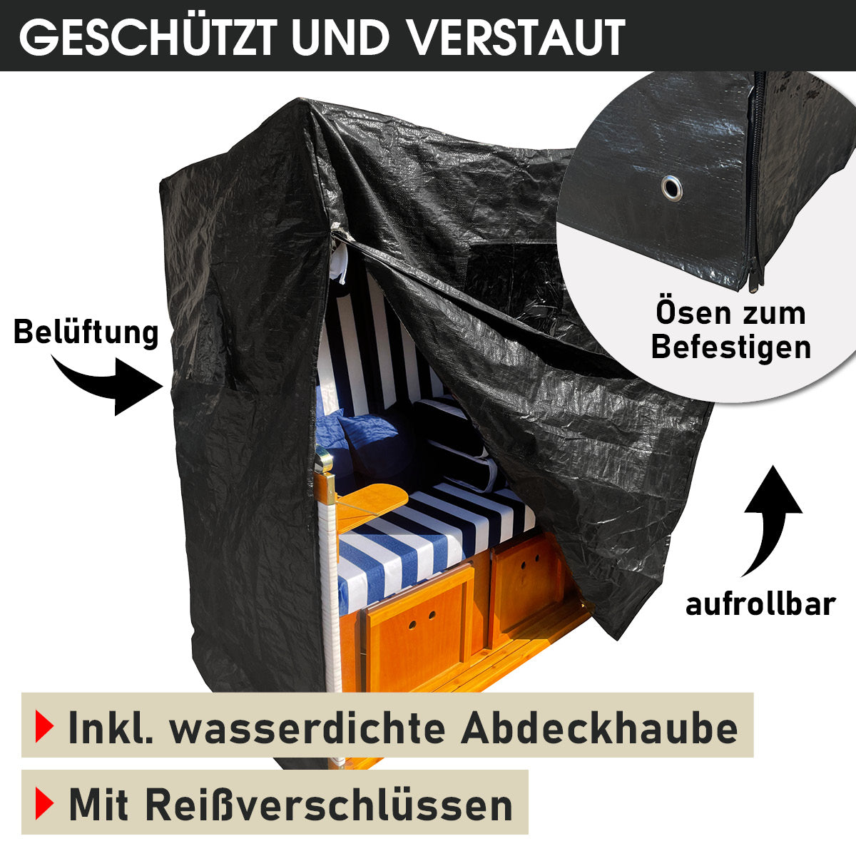 Wetterfeste, aufrollbare Abdeckhaube für Strandkorb, mit Reißverschlüssen und Belüftung, schwarz.