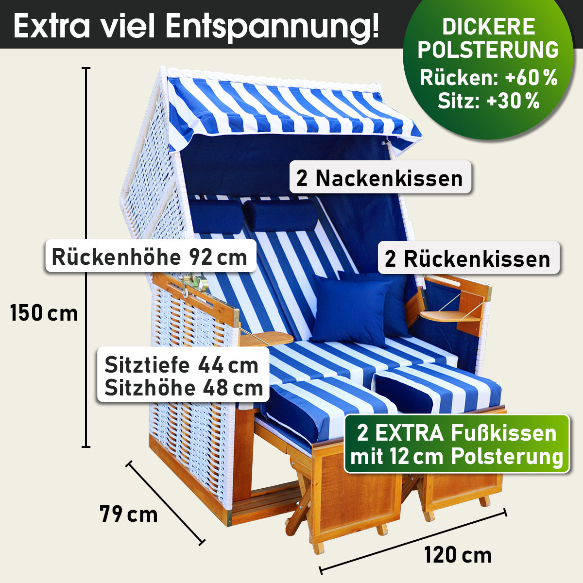 Blau-weißer Strandkorb Norderney Deluxe mit dicker Polsterung, Nacken- und Rücken Kisssen, wetterfest für Balkon und.