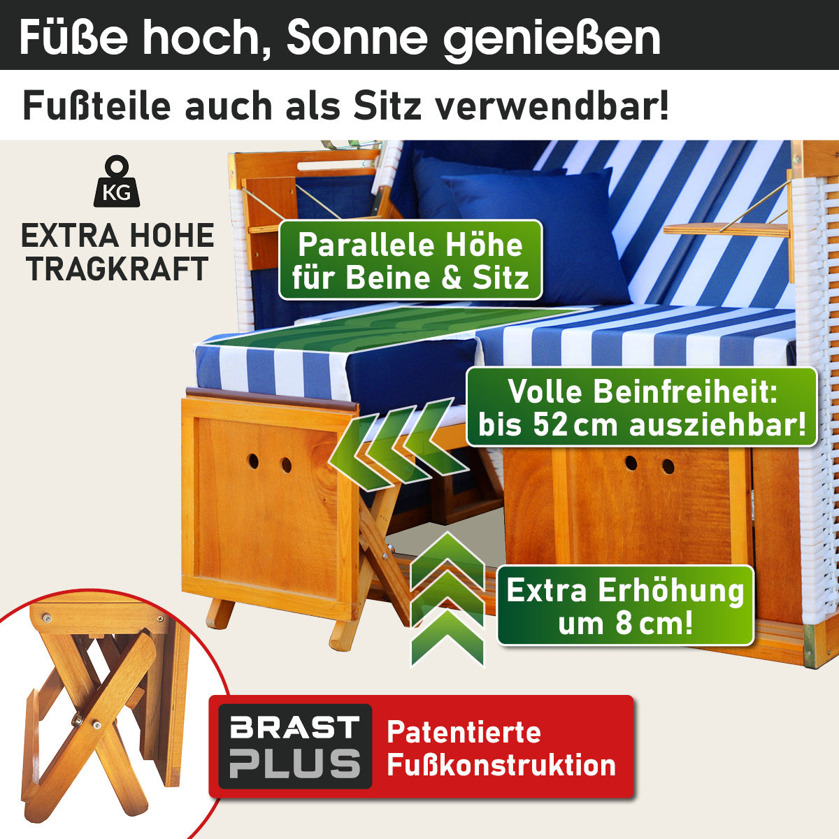Blau-weiß gestreifter wetterfester Strandkorb Norderney Deluxe mit Holzkorpus, extra hoher Tragkraft, ausziehbar bis 52 cm,.