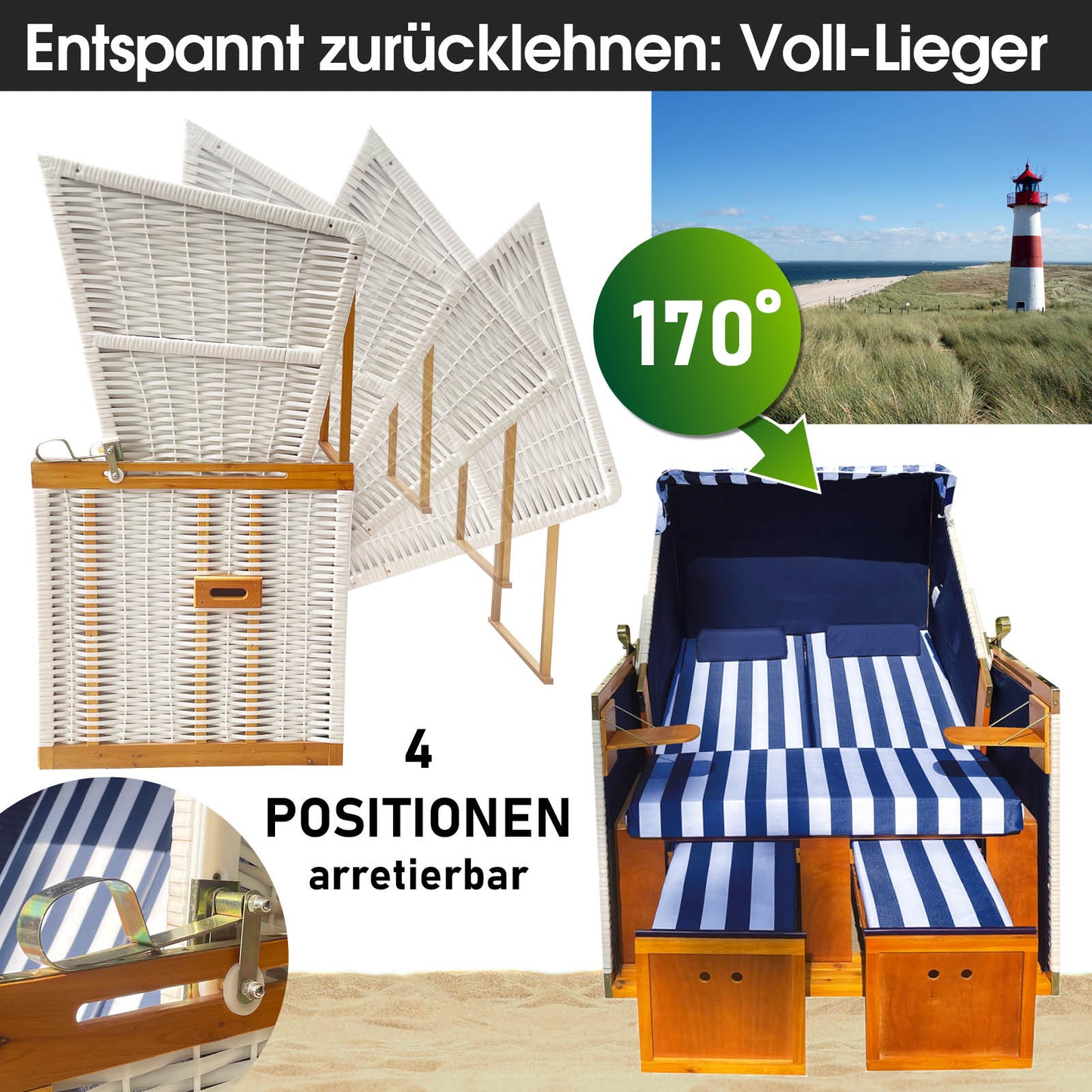 Blau-weiß gestreifter Strandkorb NORDERNEY Deluxe mit verstellbarer Rückenlehne bis 170° wetterfest für Balkon und.