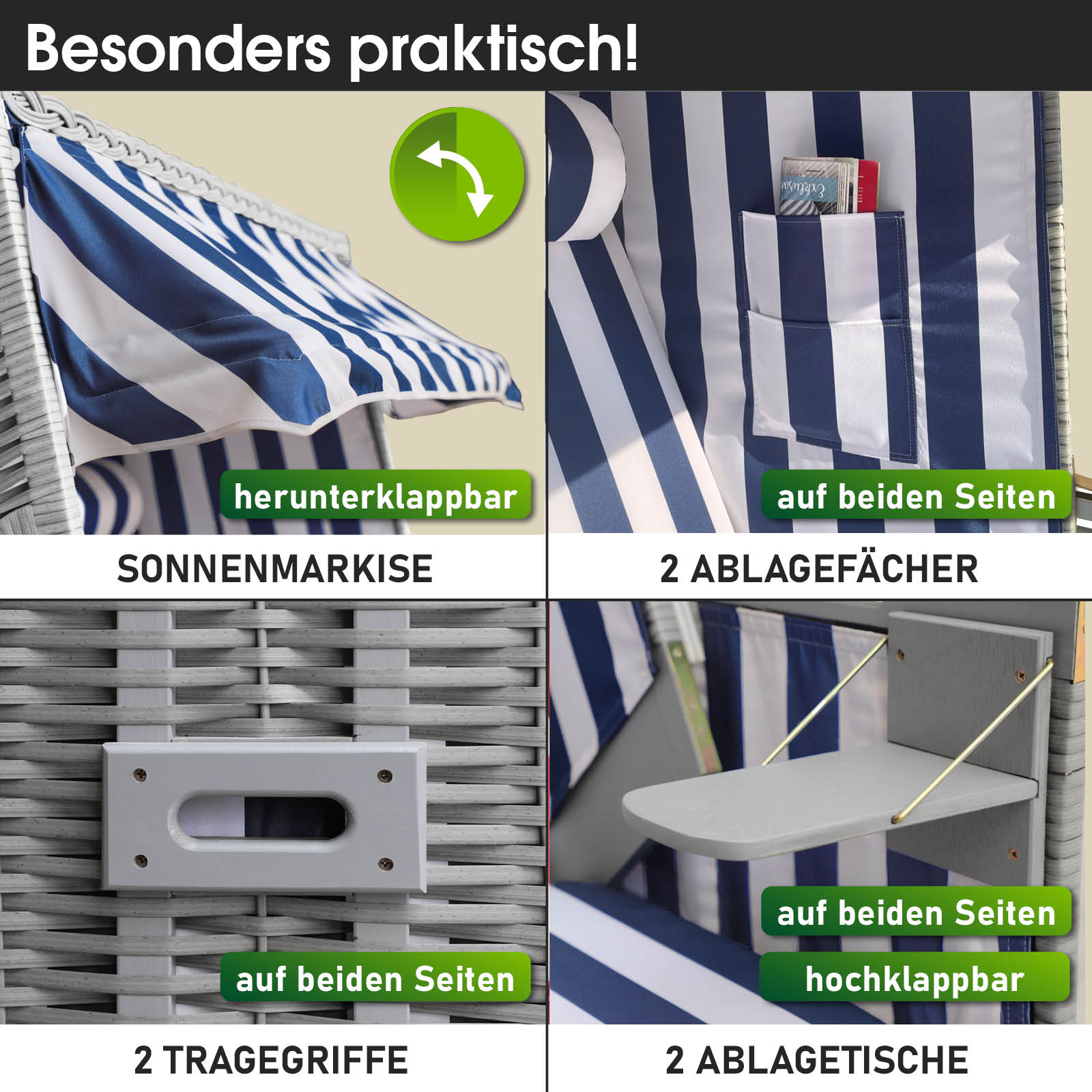 Grau-blau-weiß gestreifter Strandkorb mit wetterfester Markise, zwei Ablagefächern und hochklappbaren Tischen, ideal für.