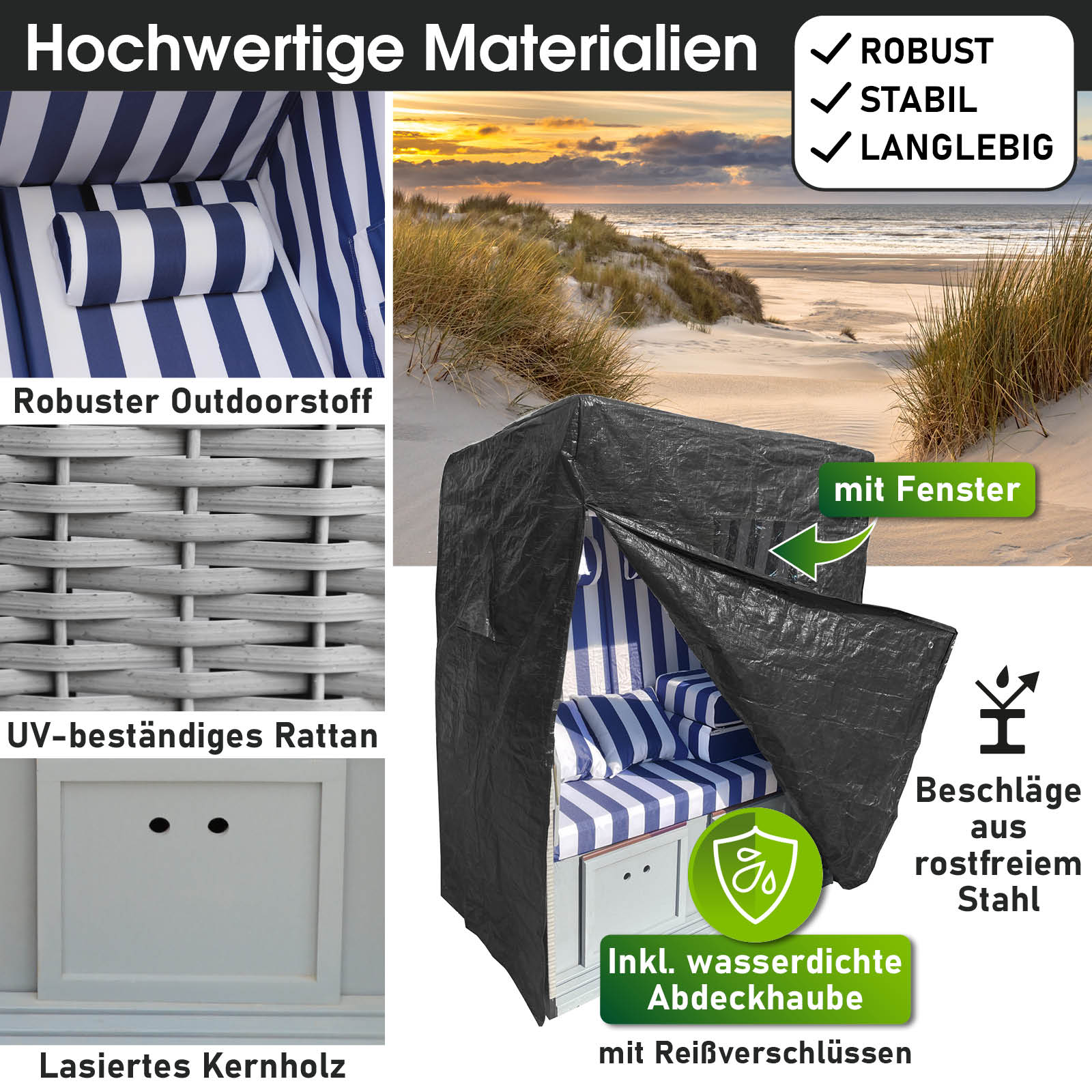 Wetterfester Strandkorb Balkon Norderney Deluxe grau-blau-weiß gestreift mit UV-beständigem Rattan.