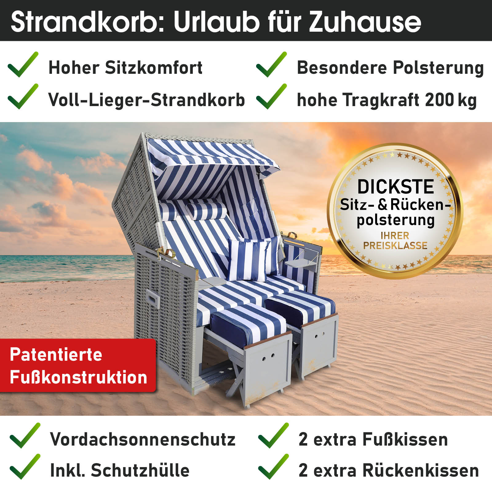 Grau-blau-weiß gestreifter Strandkorb NORDERNEY DELUXE mit dicker Polsterung, wetterfest, ideal für Balkon oder Ostsee- und.