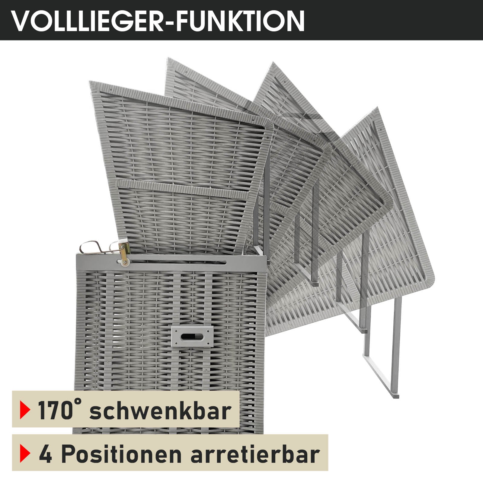 Grauer und blau-weißer Streifen-Strandkorb NORDERNEY DELUXE mit wetterfester Flechtoptik, 170° schwenkbar, 4 arretierbare.
