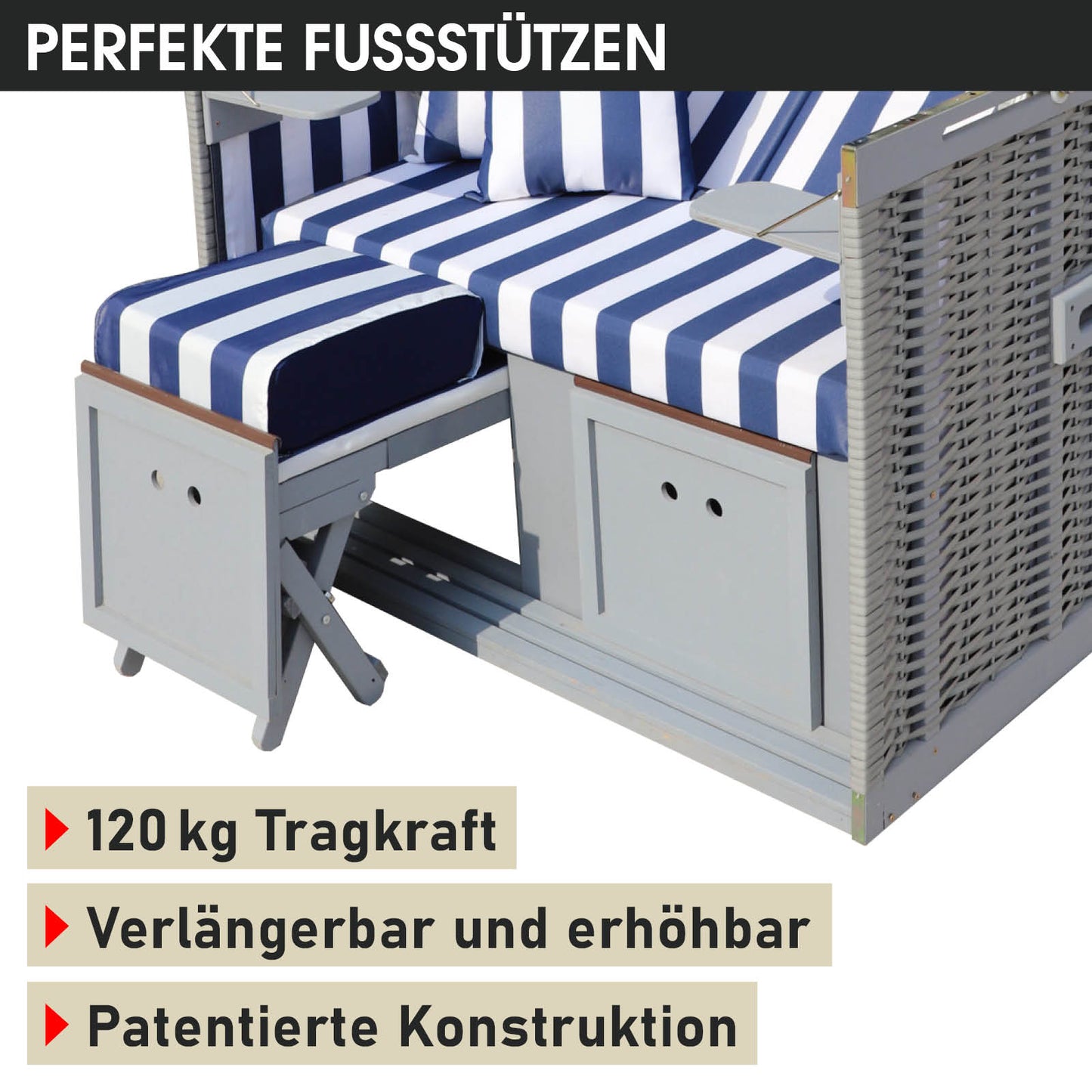 Grauer Strandkorb mit blauen und weißen Streifen, wetterfest, 2-Sitzer, Verlängerbare Fußstützen, ideal für Balkon, Ostsee.