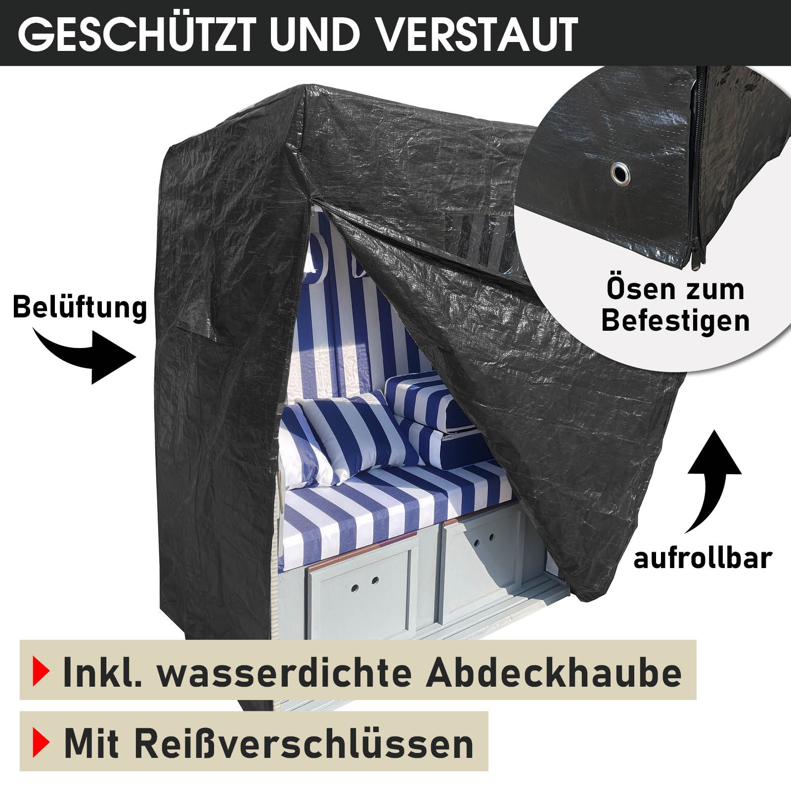 Wetterfester Strandkorb Norderney mit blau-weiß gestreiftem Bezug und wasserdichter Abdeckhaube, aufrollbar, mit Belüftung.