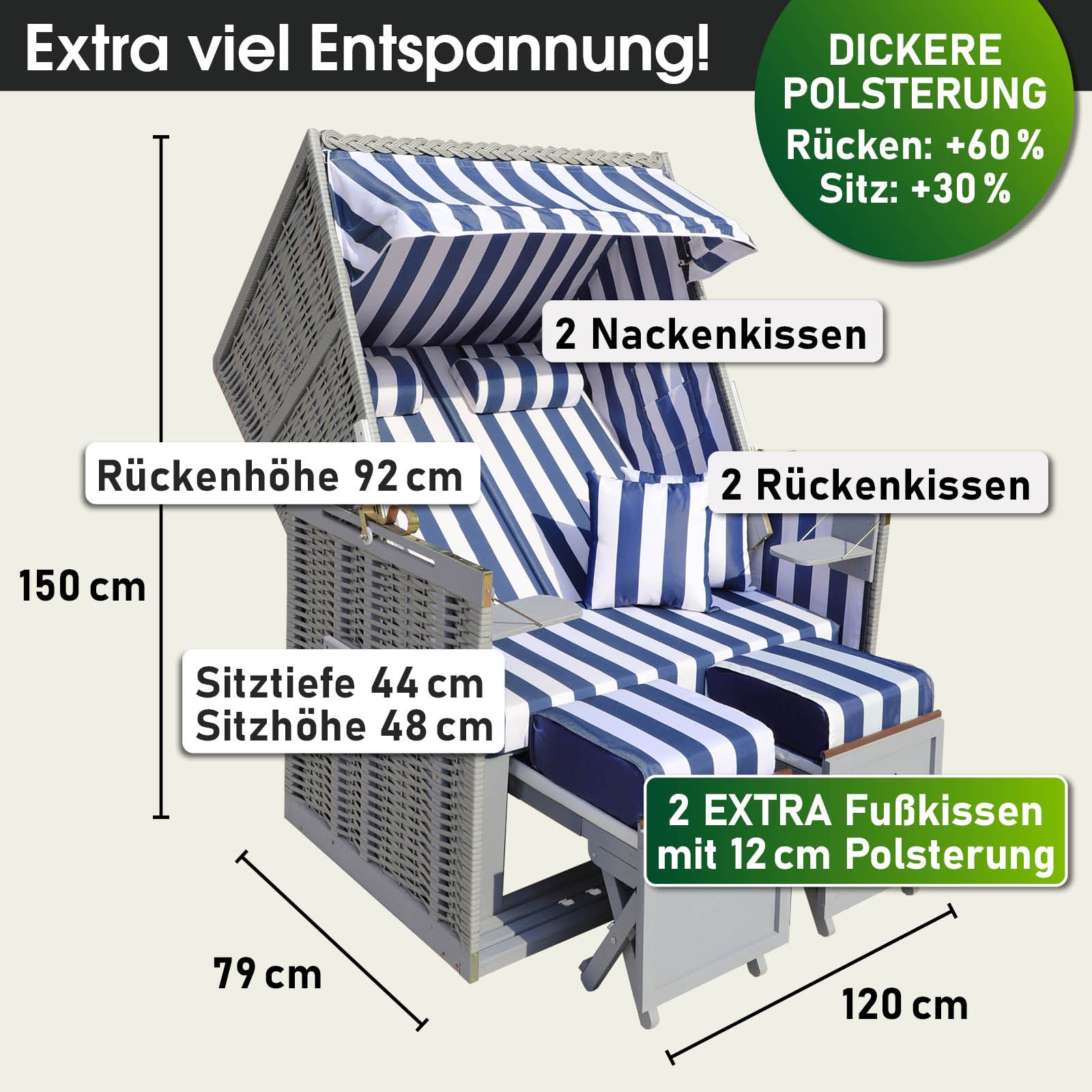 Grau-blau-weißer Strandkorb Nordsee mit wetterfestem Material, dick gepolstert, 2-Sitzer, ideal für Balkon und Ostsee.