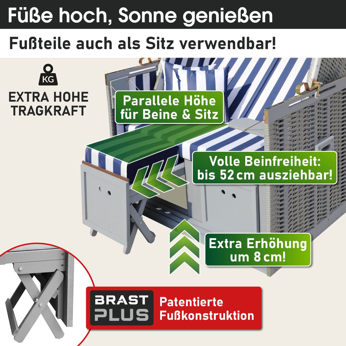 Wetterfester Strandkorb Norderney Deluxe grau/blau/weiß gestreift mit hoher Tragkraft für Balkon und Nordsee Strandkorb.