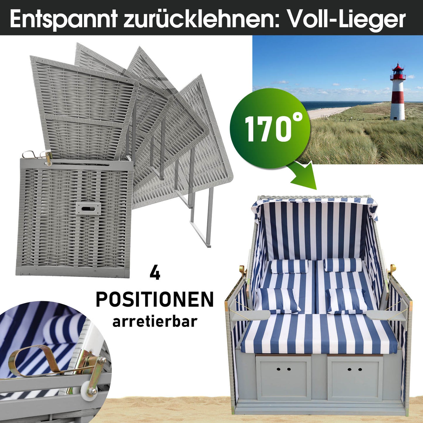 Strandkorb Norderney Deluxe grau/blau/weiß gestreift, wetterfest, 2-Sitzer mit verstellbarem Rückenlehnenwinkel bis 170° für .