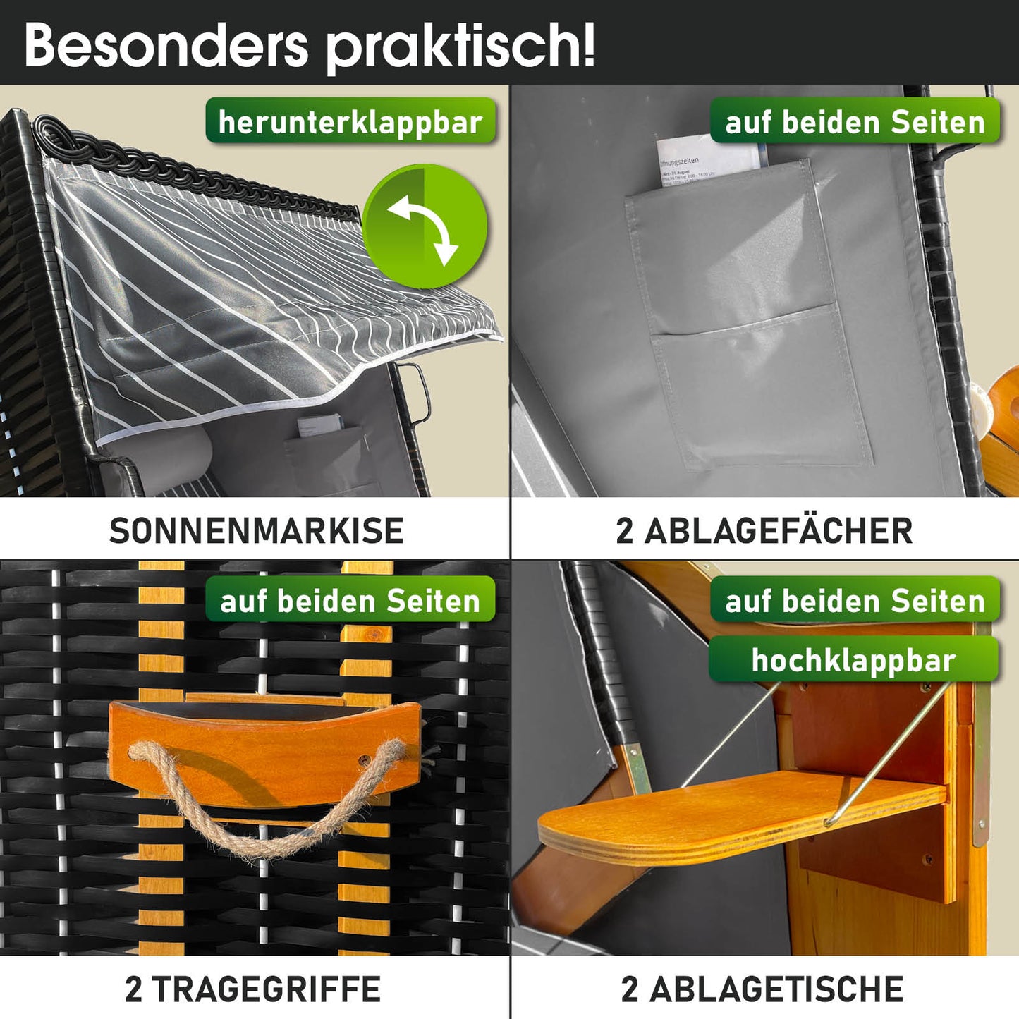 Strandkorb Rügen Deluxe Anthrazit/Weiß mit wetterfester Sonnemarkise, Ablagefächern und hochklappbaren Ablagetischen, ideal.