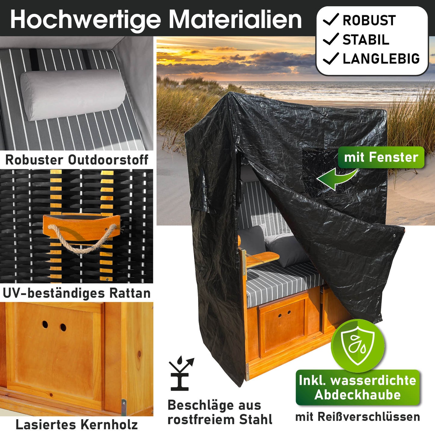 Wetterfester Strandkorb Rügen Deluxe in Anthrazit-Weiß mit Nadelstreifen, UV-beständiger Rattan, lasiertes Kernholz, robust.